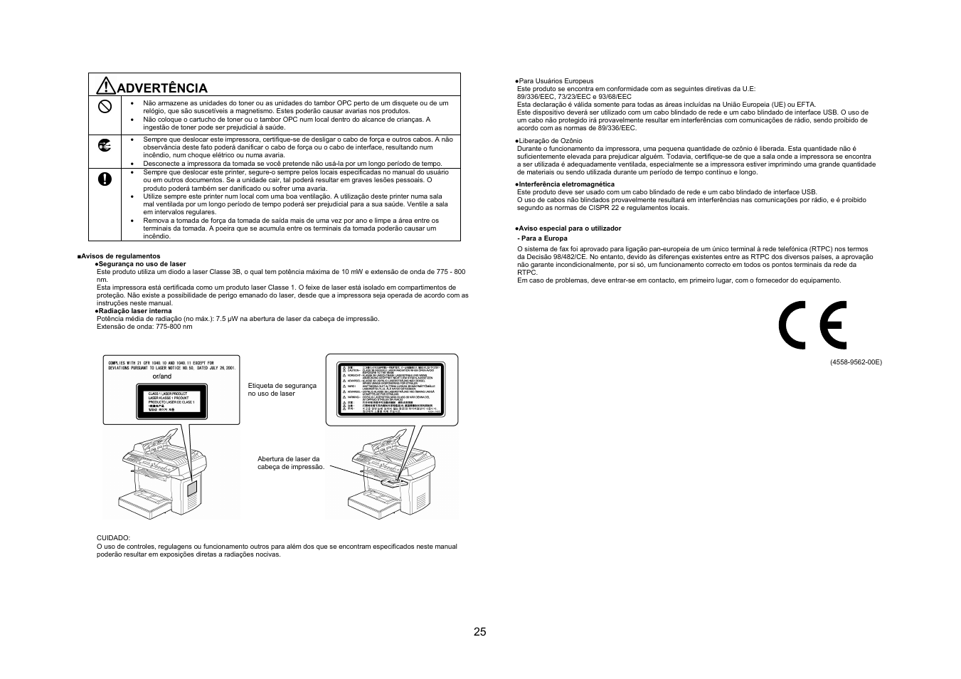 Advertência | Konica Minolta PagePro 1390MF User Manual | Page 25 / 56