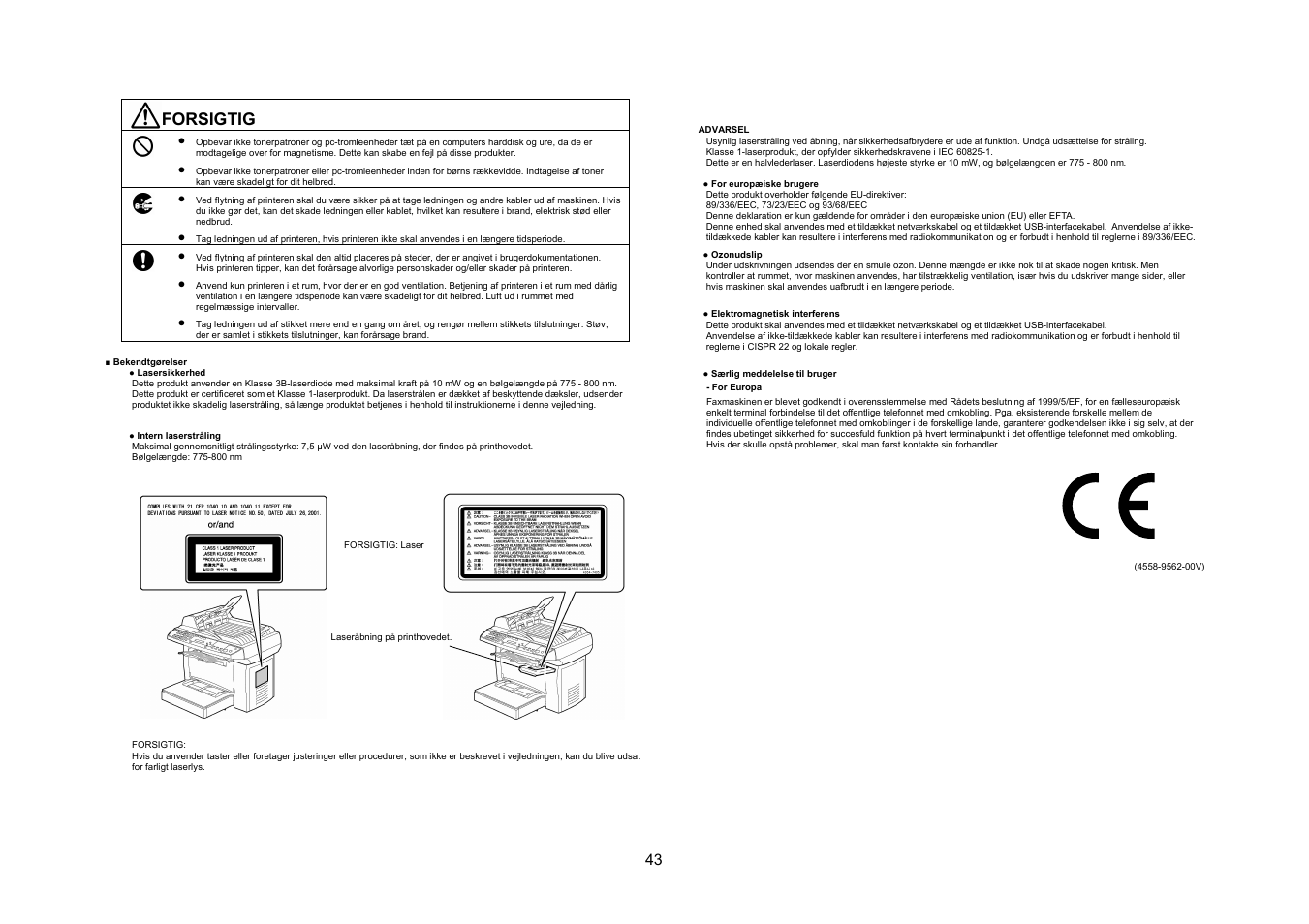 Forsigtig | Konica Minolta PagePro 1390MF User Manual | Page 43 / 56