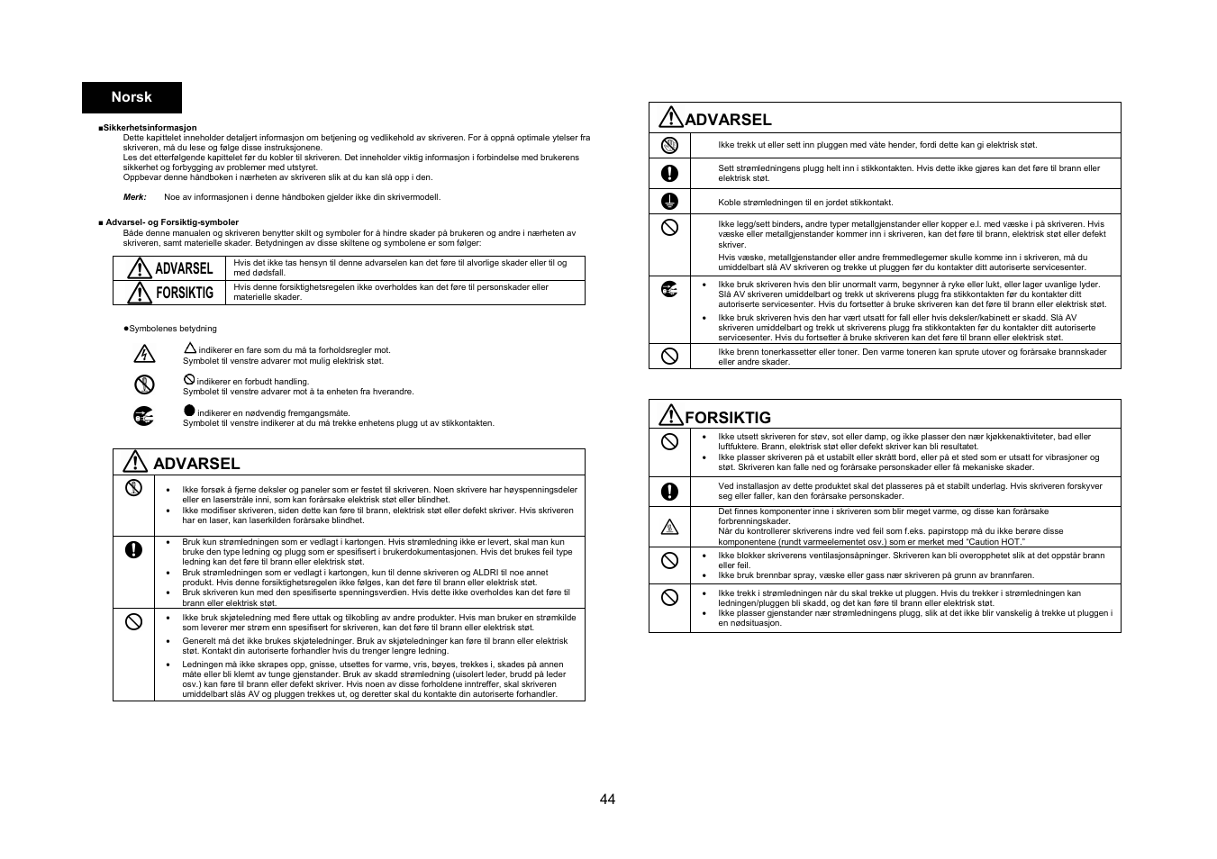 Advarsel, Forsiktig, 44 norsk | Konica Minolta PagePro 1390MF User Manual | Page 44 / 56