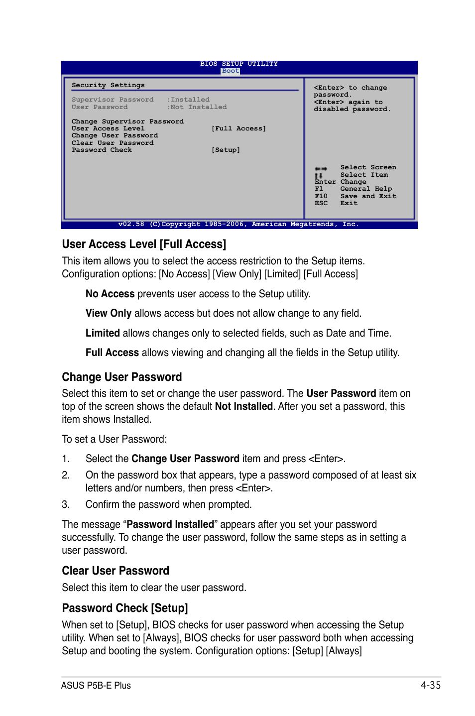 User access level [full access, Change user password, Clear user password | Password check [setup, Select this item to clear the user password | Asus P5B-E Plus User Manual | Page 101 / 158