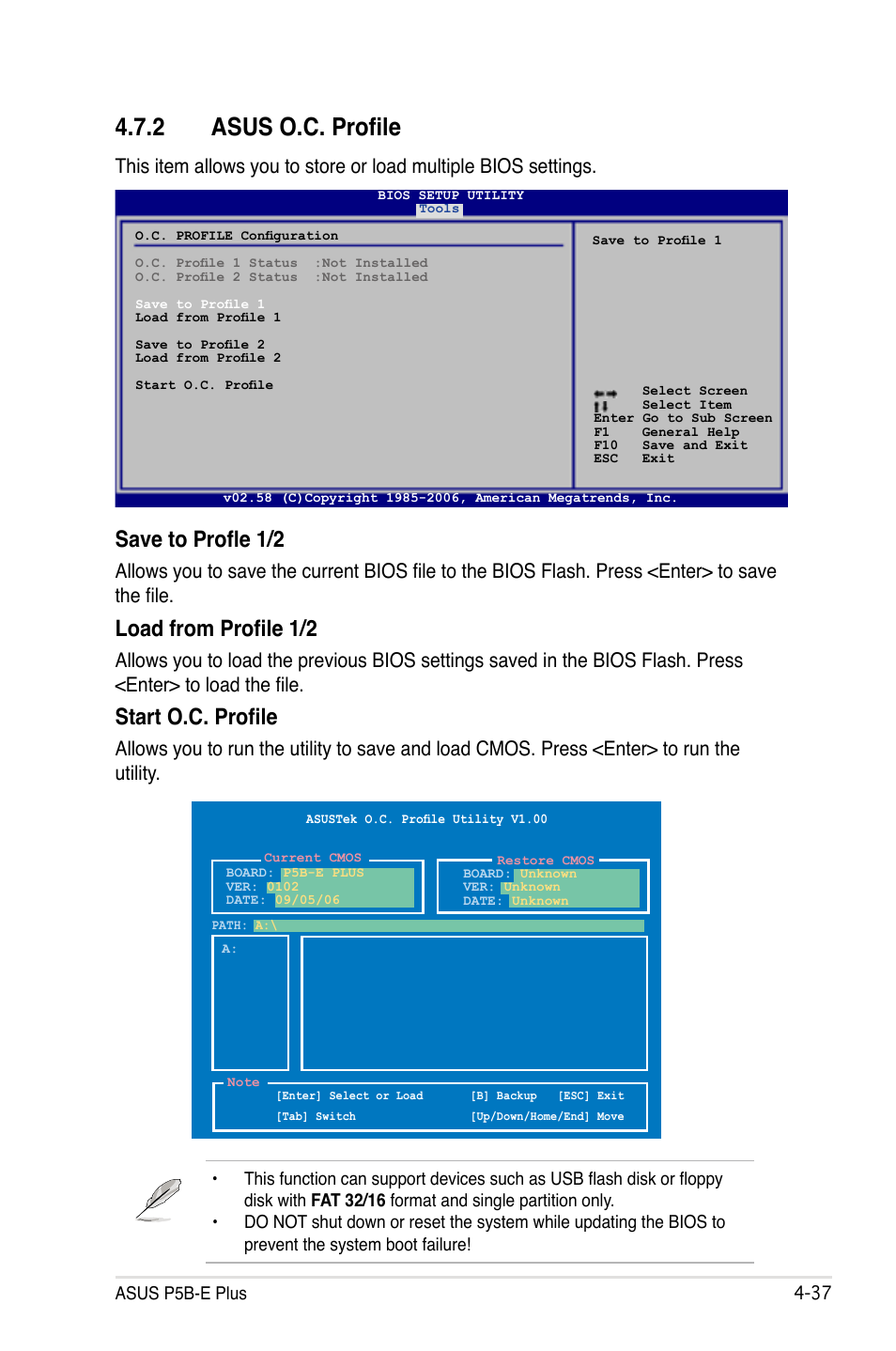 2 asus o.c. profile, Save to profle 1/2, Load from profile 1/2 | Start o.c. profile | Asus P5B-E Plus User Manual | Page 103 / 158