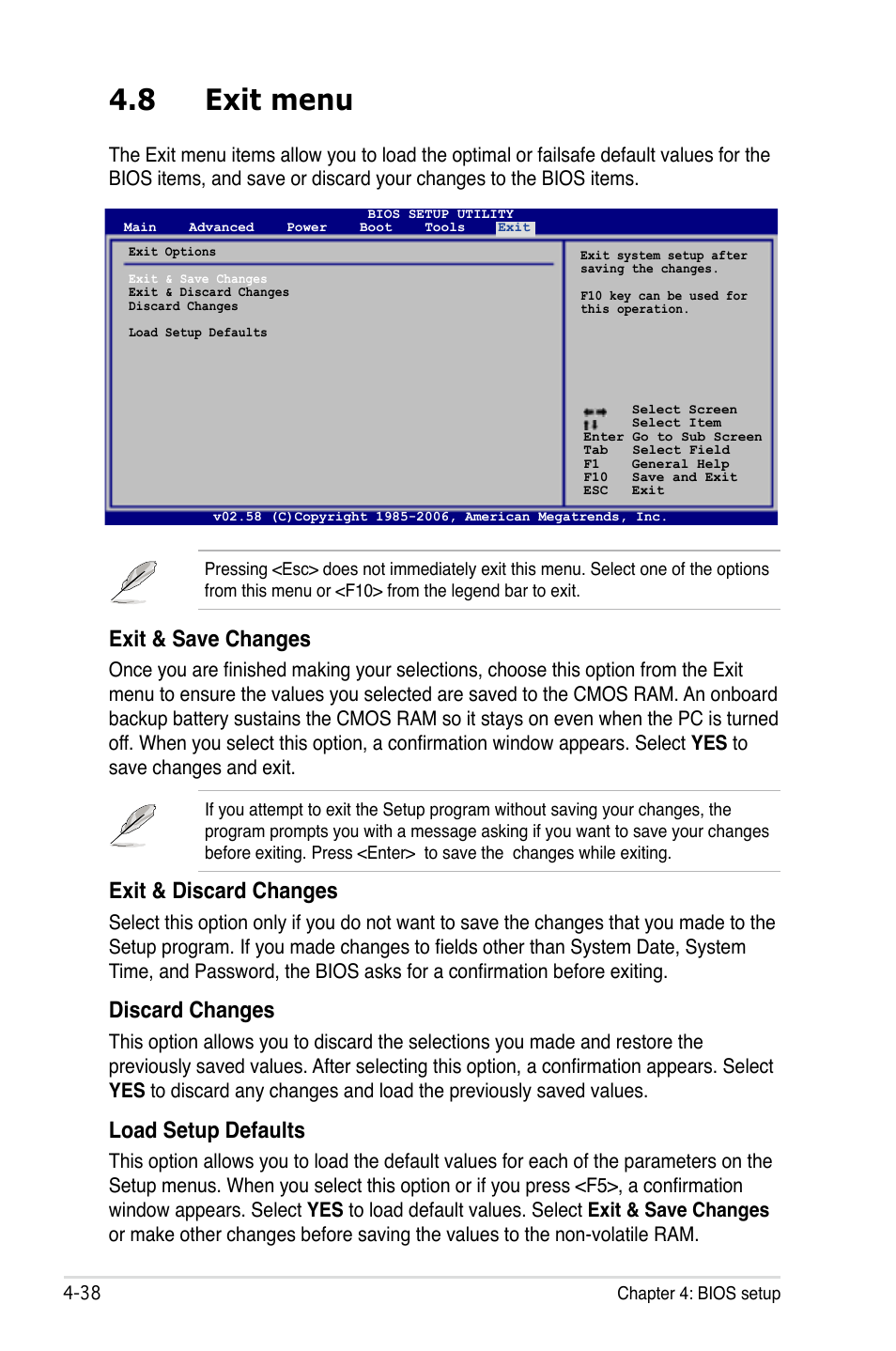 8 exit menu, Exit & save changes, Exit & discard changes | Discard changes, Load setup defaults | Asus P5B-E Plus User Manual | Page 104 / 158