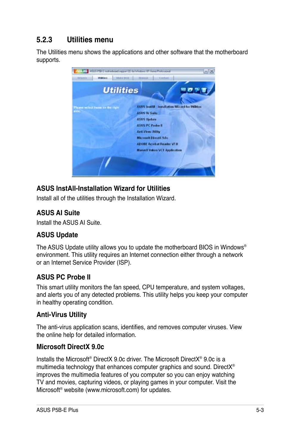 3 utilities menu, Asus install-installation wizard for utilities, Asus ai suite | Asus update, Asus pc probe ii, Anti-virus utility, Microsoft directx 9.0c | Asus P5B-E Plus User Manual | Page 109 / 158