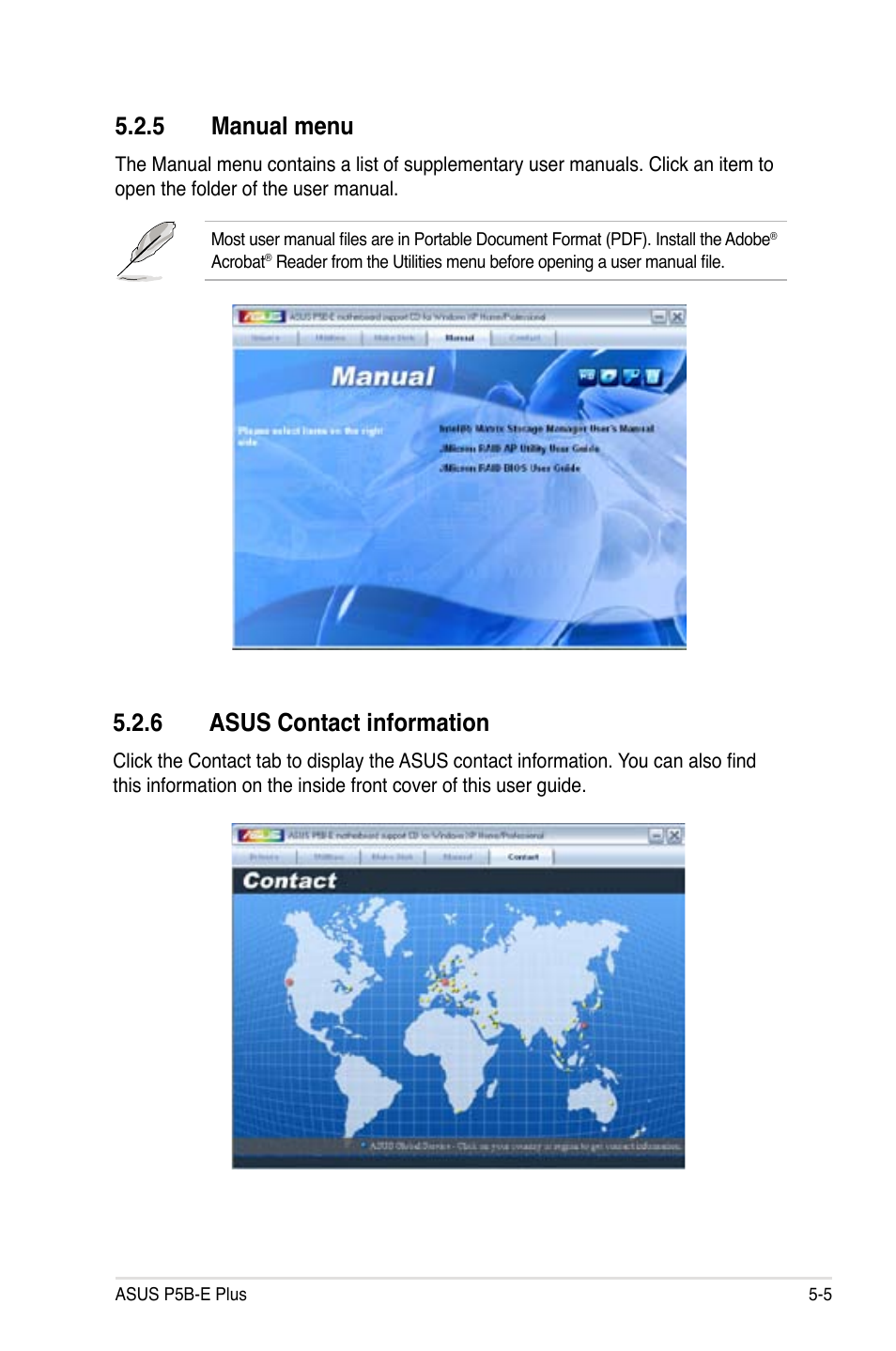 5 manual menu, 6 asus contact information | Asus P5B-E Plus User Manual | Page 111 / 158