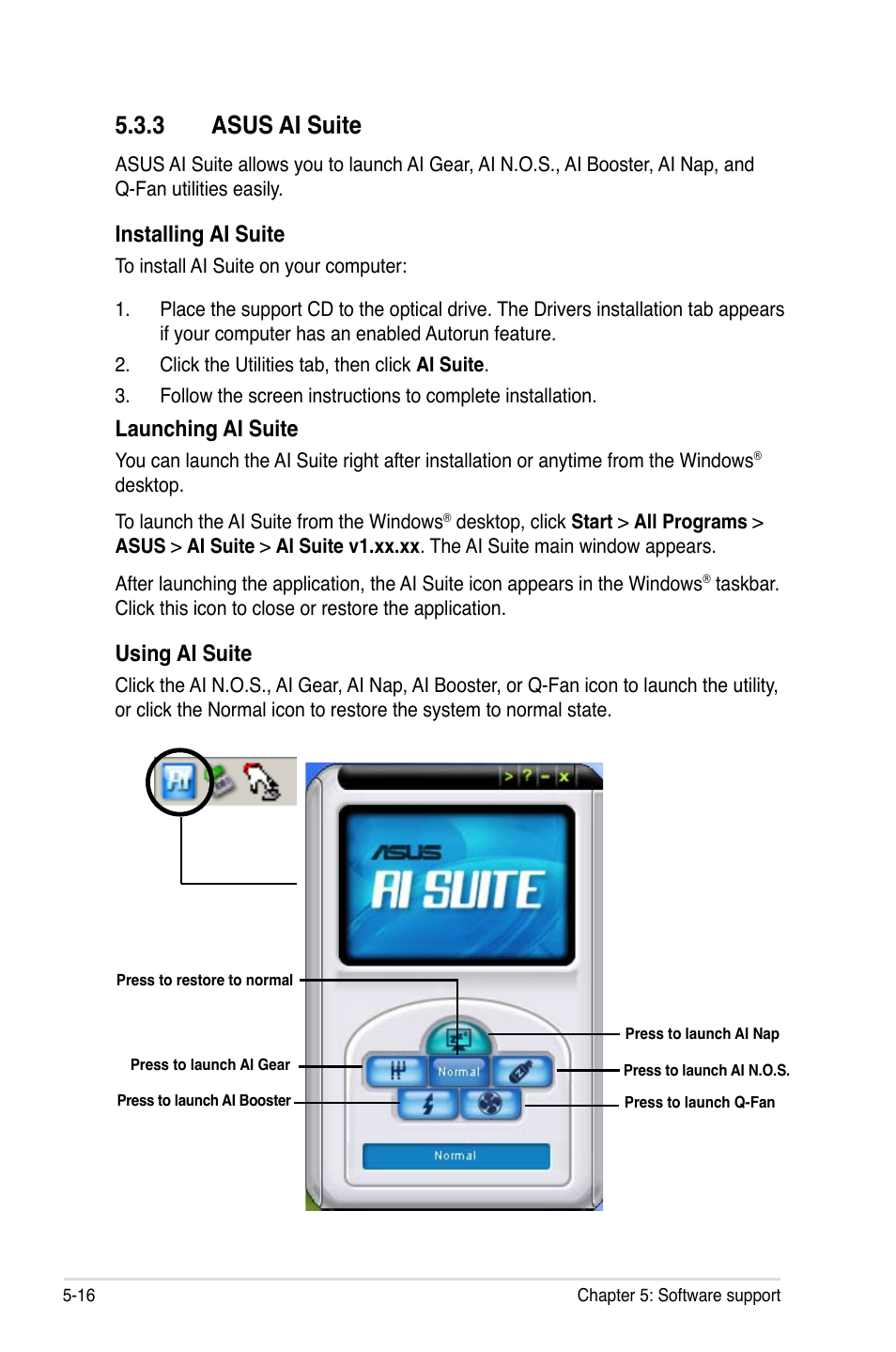 3 asus ai suite, Installing ai suite, Launching ai suite | Using ai suite | Asus P5B-E Plus User Manual | Page 122 / 158