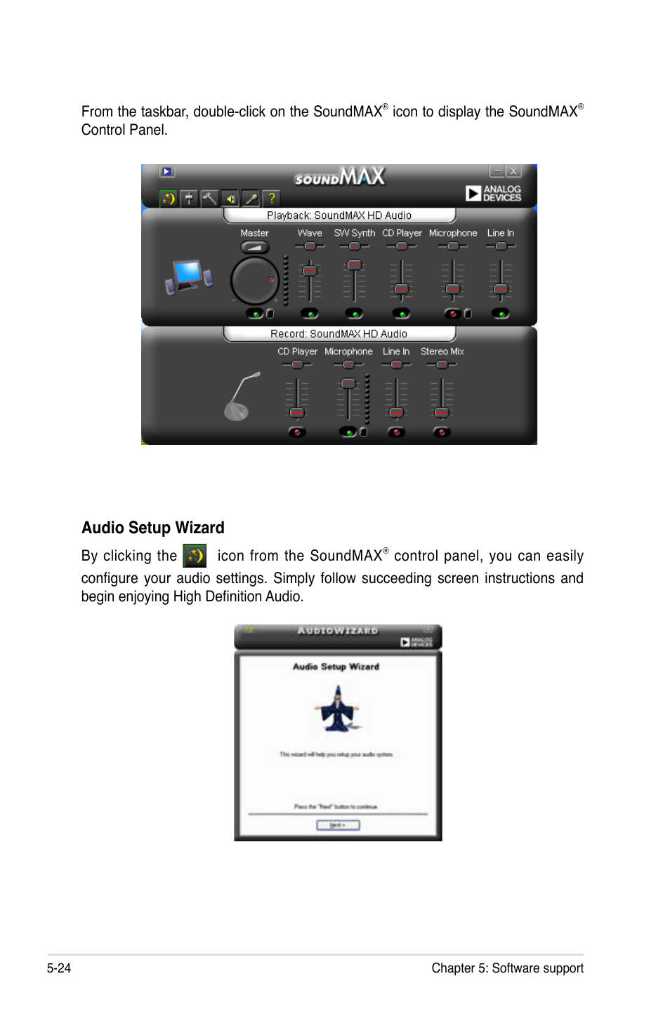 Audio setup wizard | Asus P5B-E Plus User Manual | Page 130 / 158