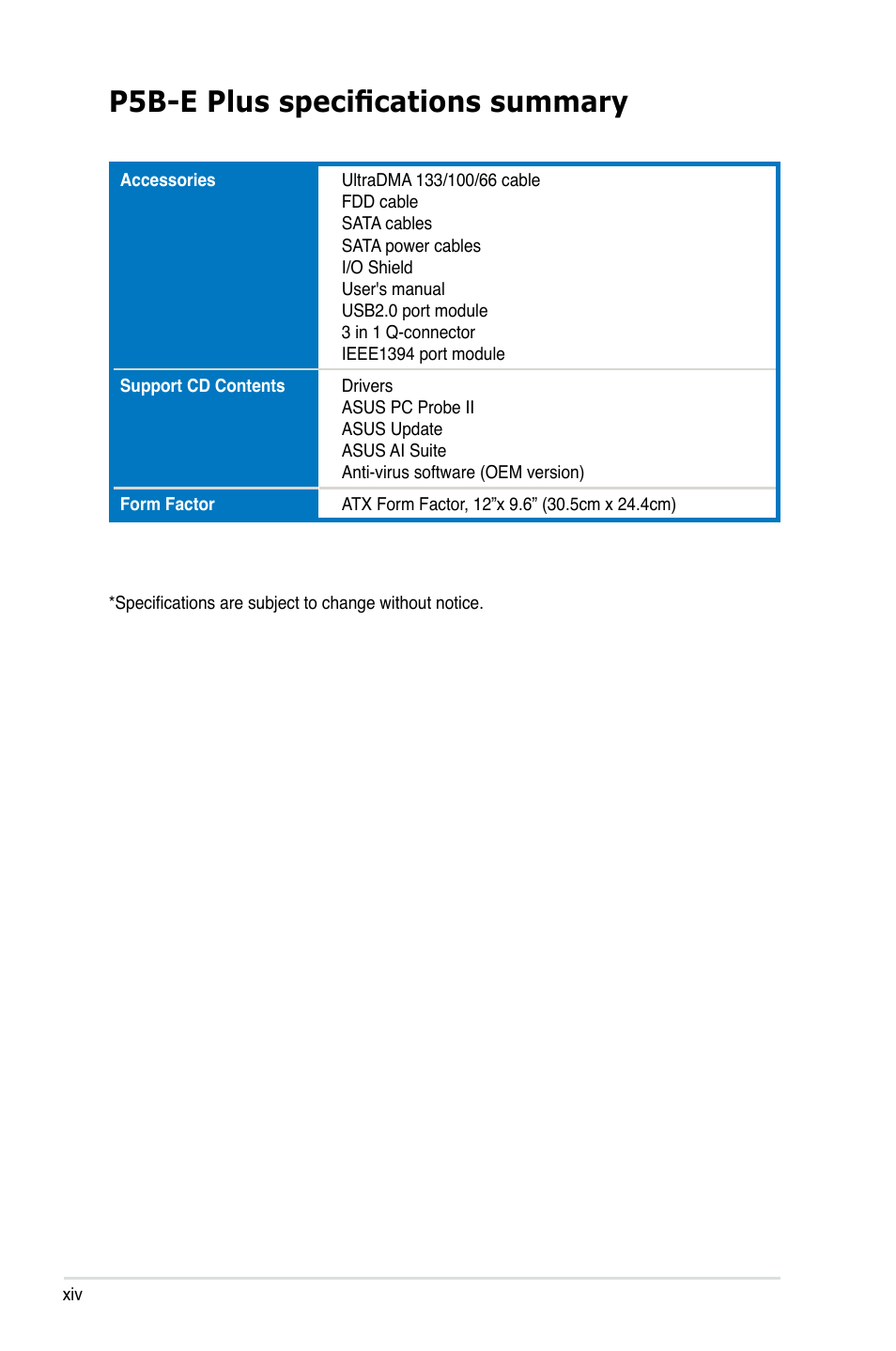 P5b-e plus specifications summary | Asus P5B-E Plus User Manual | Page 14 / 158