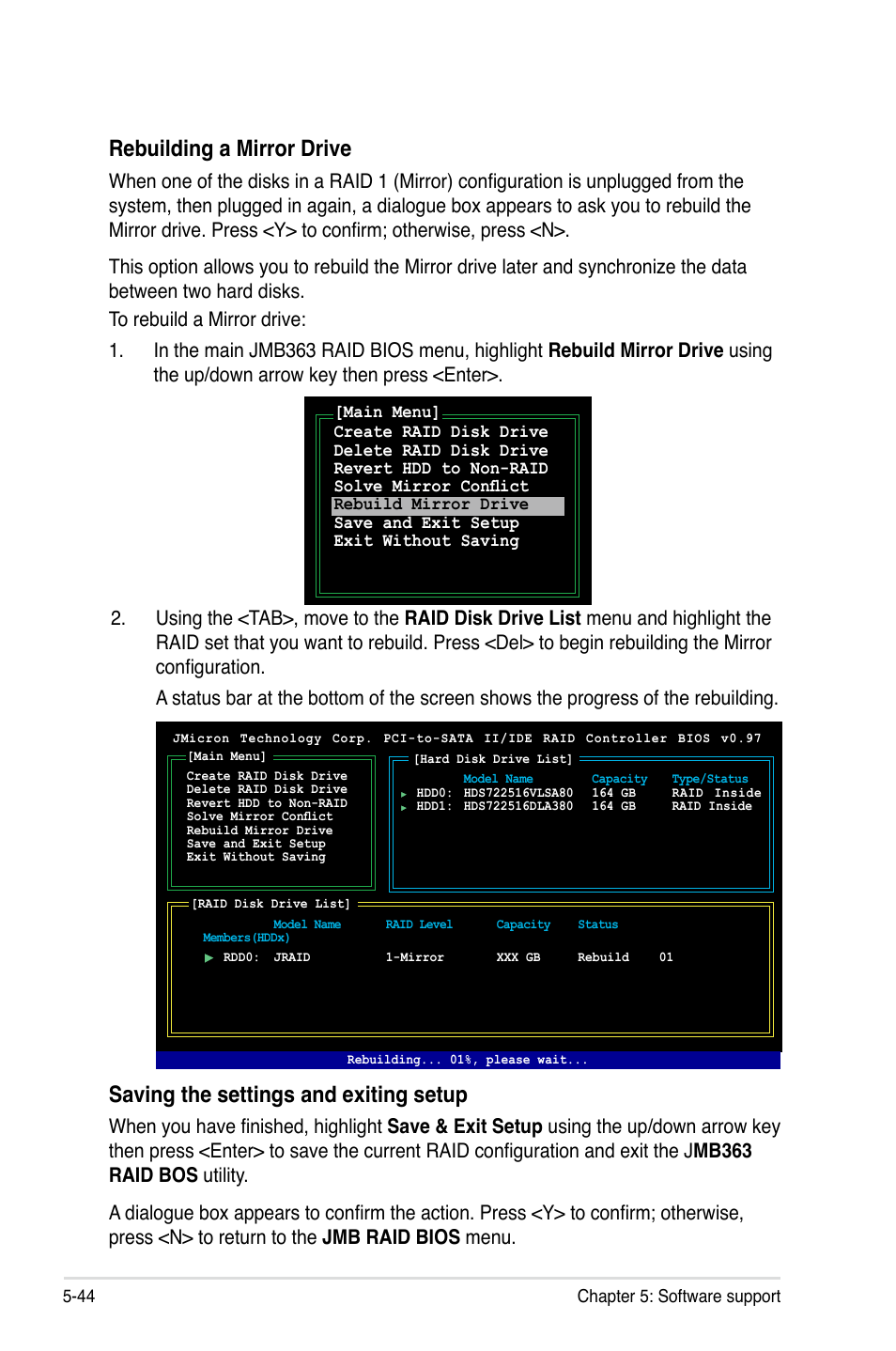 Saving the settings and exiting setup, Rebuilding a mirror drive | Asus P5B-E Plus User Manual | Page 150 / 158