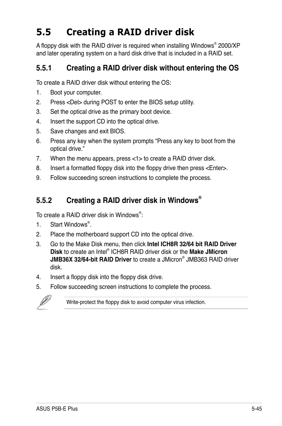 5 creating a raid driver disk, 2 creating a raid driver disk in windows | Asus P5B-E Plus User Manual | Page 151 / 158