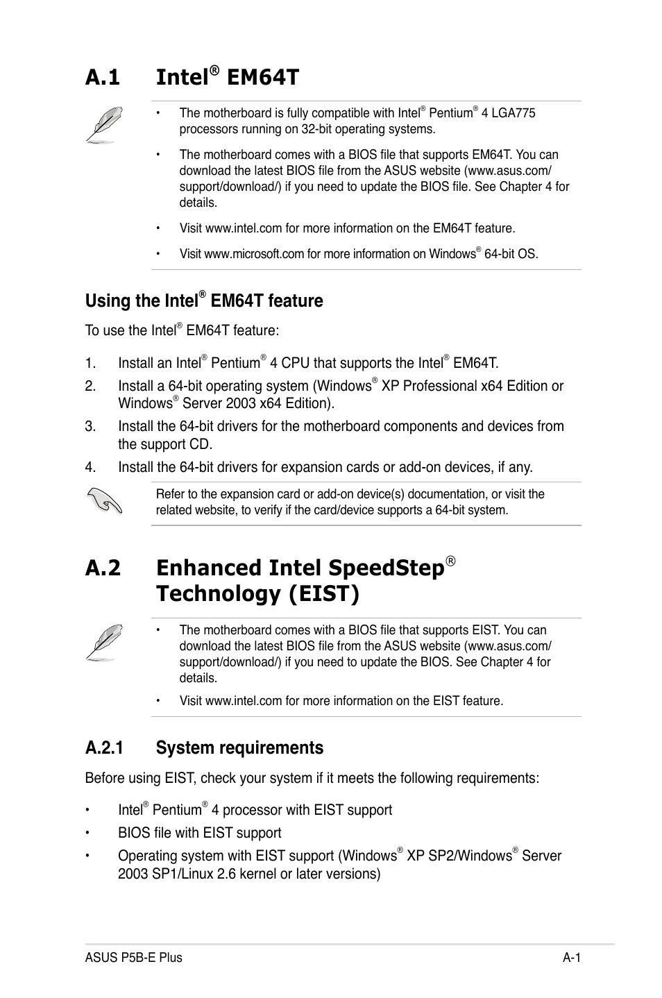 A.1 intel, Em64t, A.2 enhanced intel speedstep | Technology (eist), Using the intel, Em64t feature, A.2.1 system requirements | Asus P5B-E Plus User Manual | Page 155 / 158