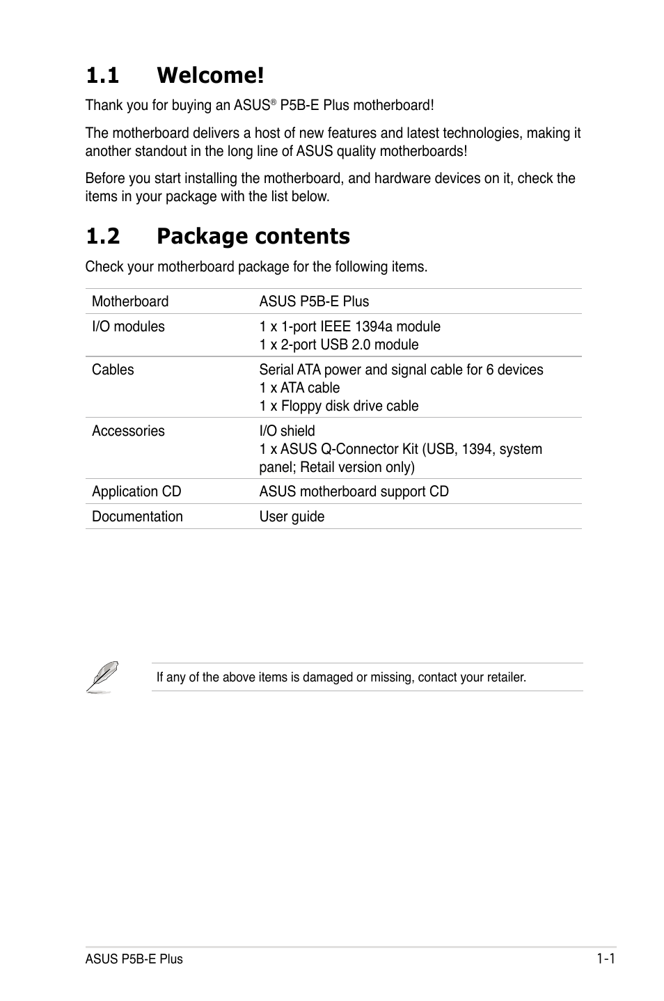 1 welcome, 2 package contents | Asus P5B-E Plus User Manual | Page 17 / 158