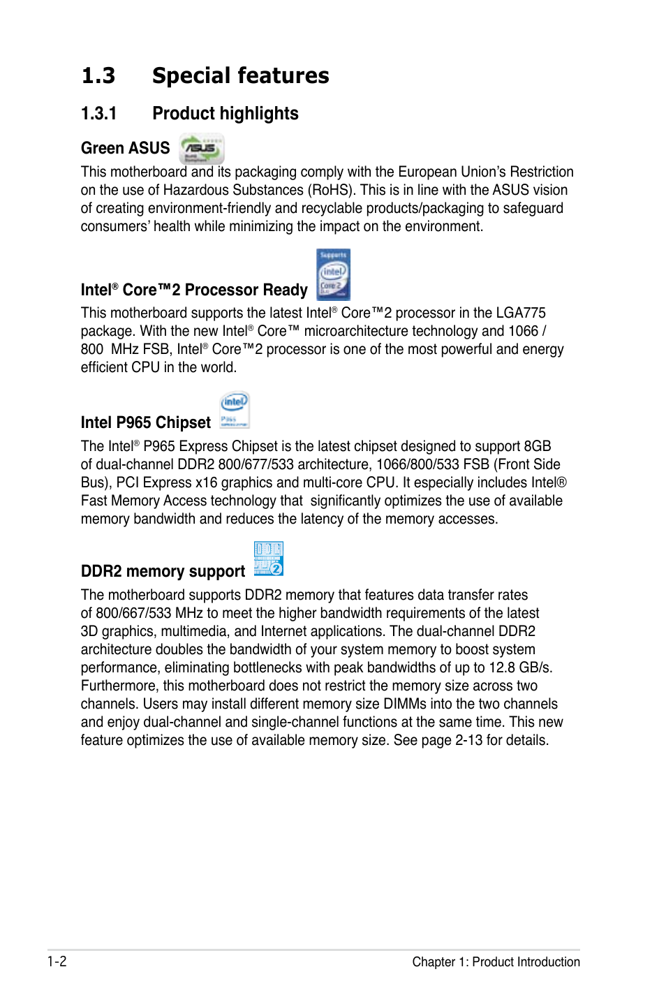 3 special features, 1 product highlights | Asus P5B-E Plus User Manual | Page 18 / 158