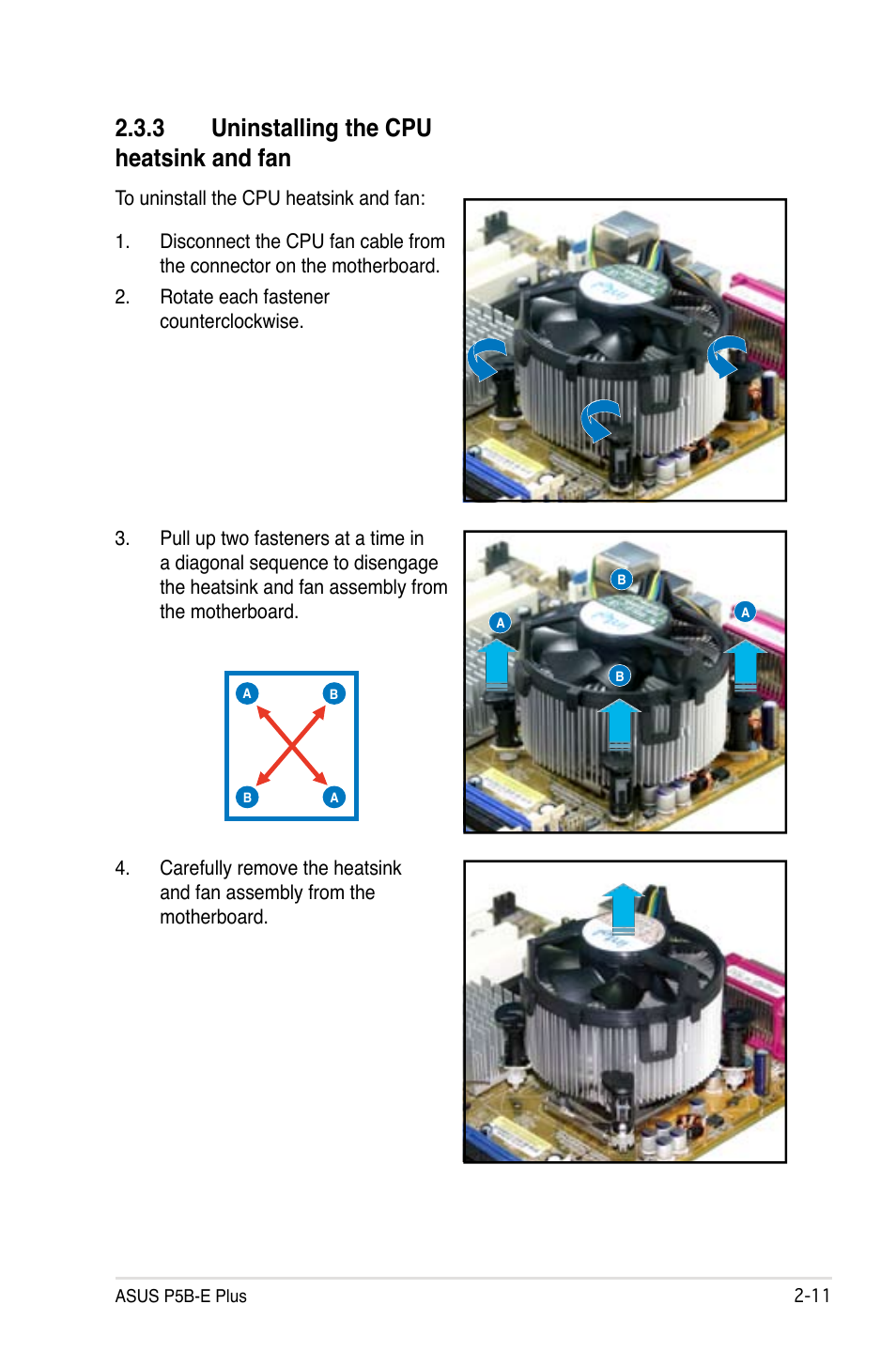 3 uninstalling the cpu heatsink and fan | Asus P5B-E Plus User Manual | Page 35 / 158