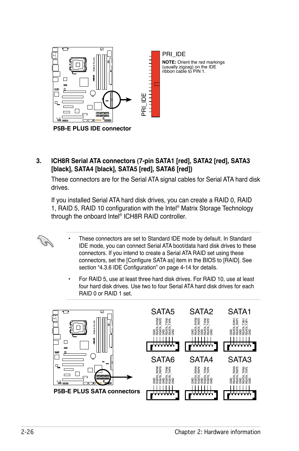 Sata6, Ich8r raid controller, Chapter : hardware information | P5b-e plus ide connector pri_ide, Pri_ide, P5b-e plus sata connectors sata1, Sata3, Sata4 sata2, Sata5 | Asus P5B-E Plus User Manual | Page 50 / 158