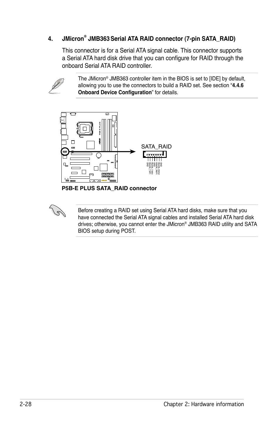 Jmicron, Jmb363, Chapter : hardware information | The jmicron, P5b-e plus sata_raid connector sata_raid | Asus P5B-E Plus User Manual | Page 52 / 158