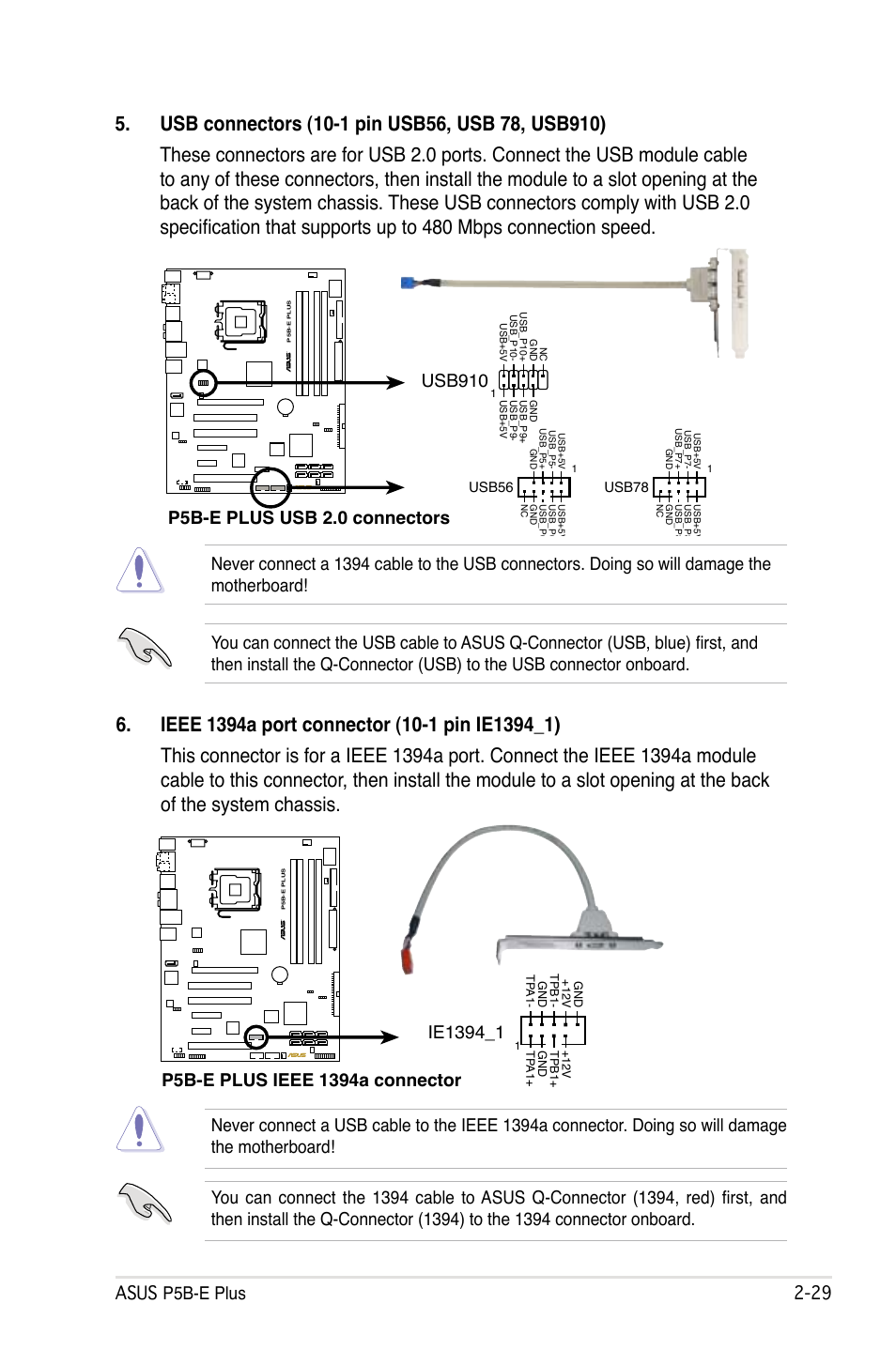 P5b-e plus usb 2.0 connectors, Usb910 | Asus P5B-E Plus User Manual | Page 53 / 158