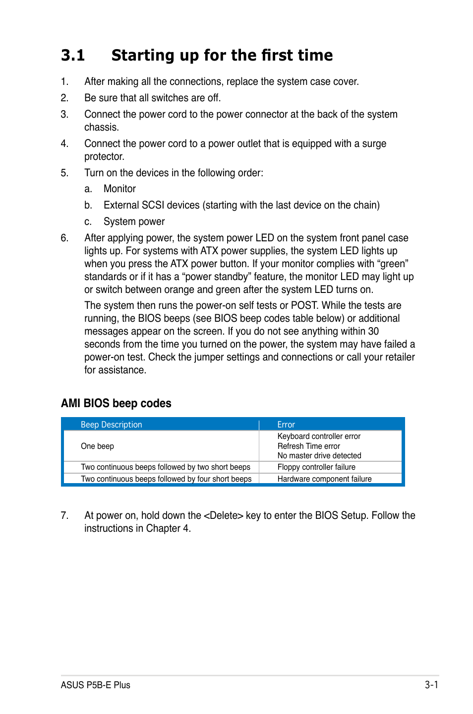 1 starting up for the first time, Ami bios beep codes | Asus P5B-E Plus User Manual | Page 63 / 158