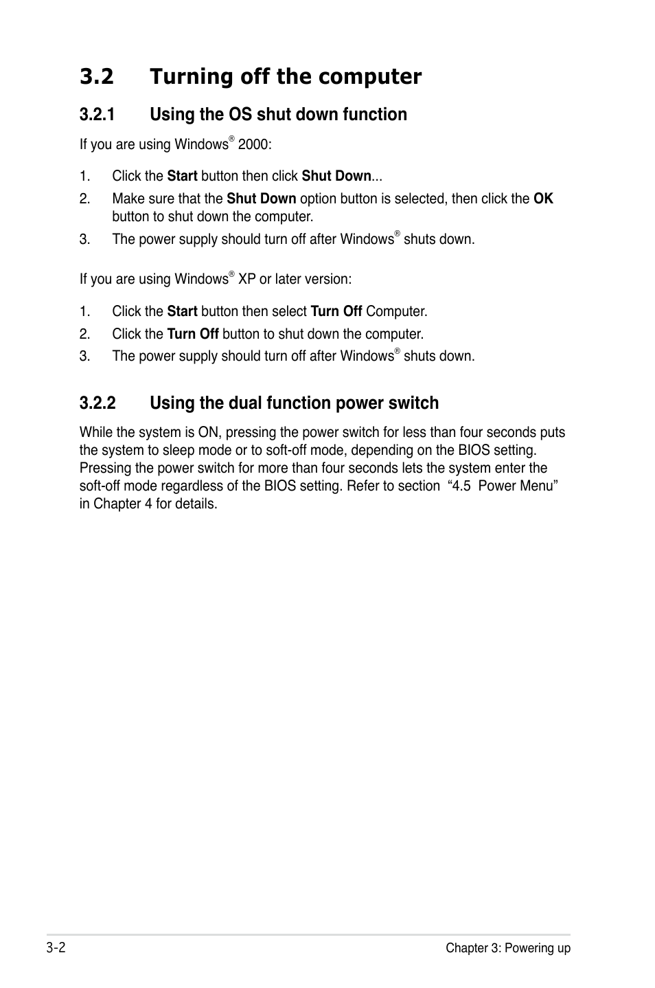 2 turning off the computer, 1 using the os shut down function, 2 using the dual function power switch | Asus P5B-E Plus User Manual | Page 64 / 158