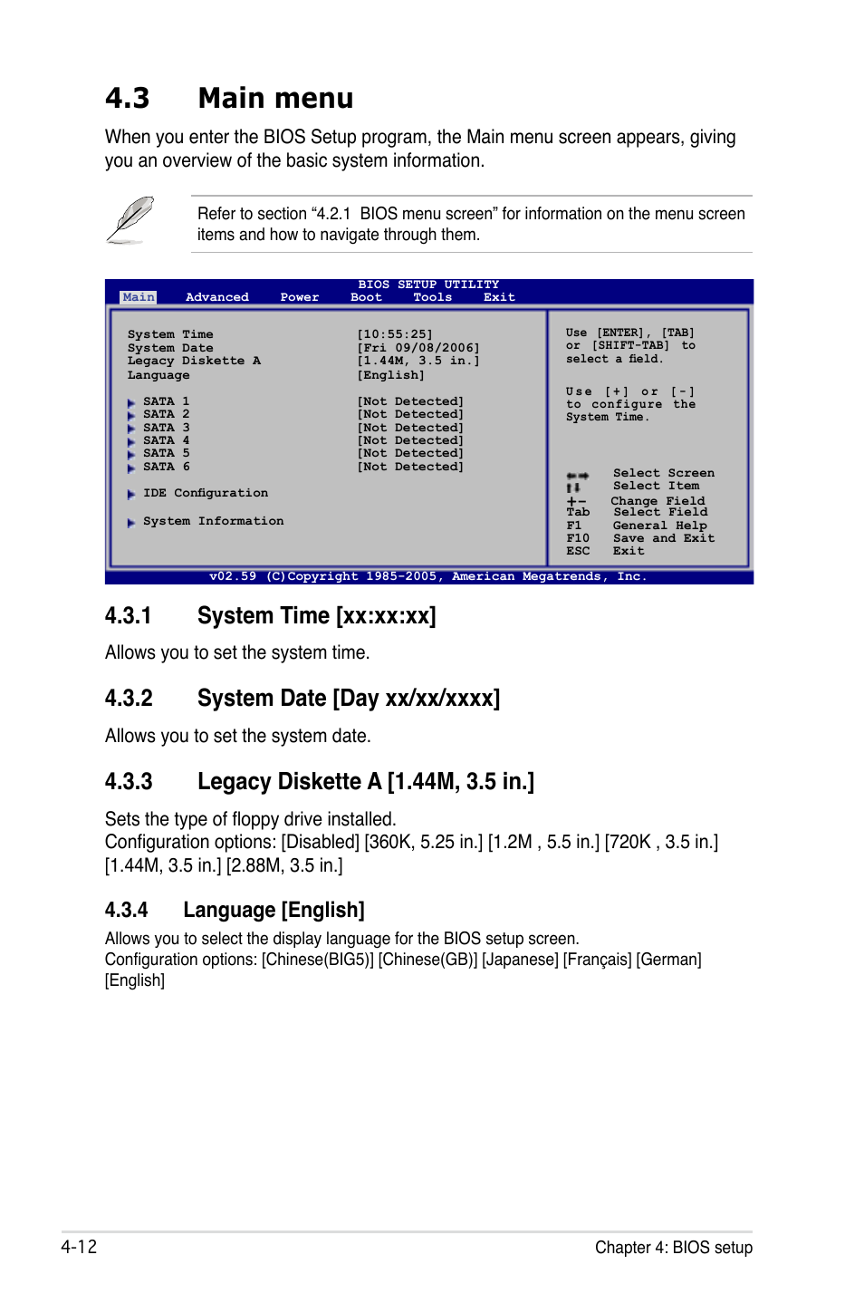 3 main menu, 1 system time [xx:xx:xx, 4 language [english | Allows you to set the system time, Allows you to set the system date | Asus P5B-E Plus User Manual | Page 78 / 158