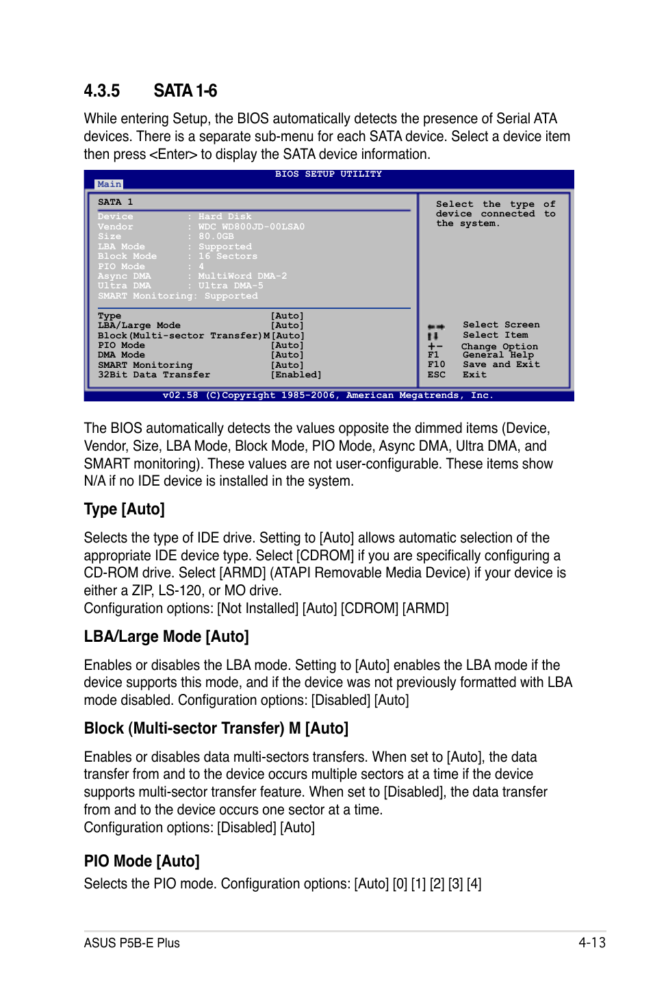 5 sata 1-6, Type [auto, Lba/large mode [auto | Block (multi-sector transfer) m [auto, Pio mode [auto | Asus P5B-E Plus User Manual | Page 79 / 158