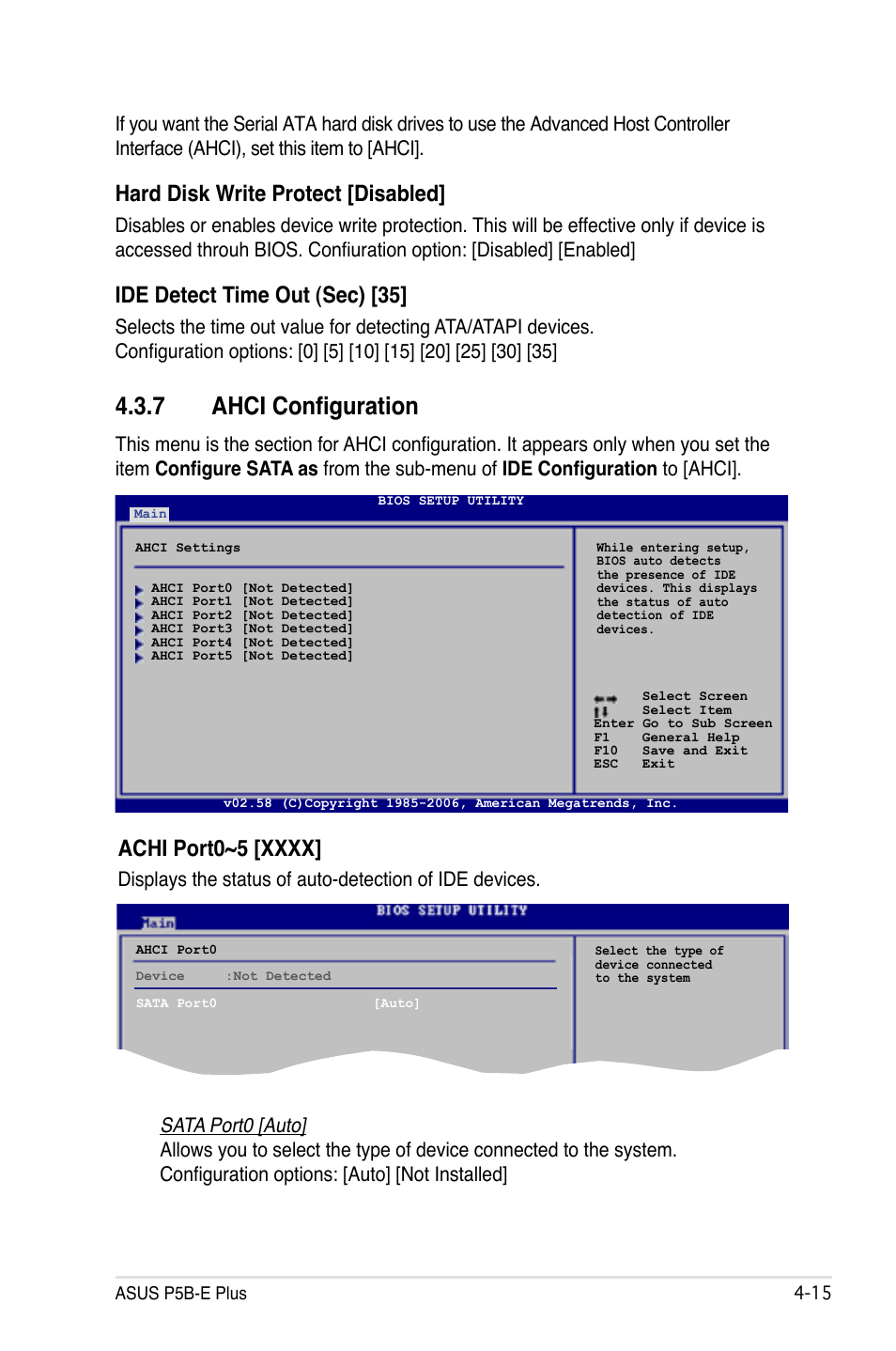 7 ahci configuration, Hard disk write protect [disabled, Ide detect time out (sec) [35 | Asus P5B-E Plus User Manual | Page 81 / 158