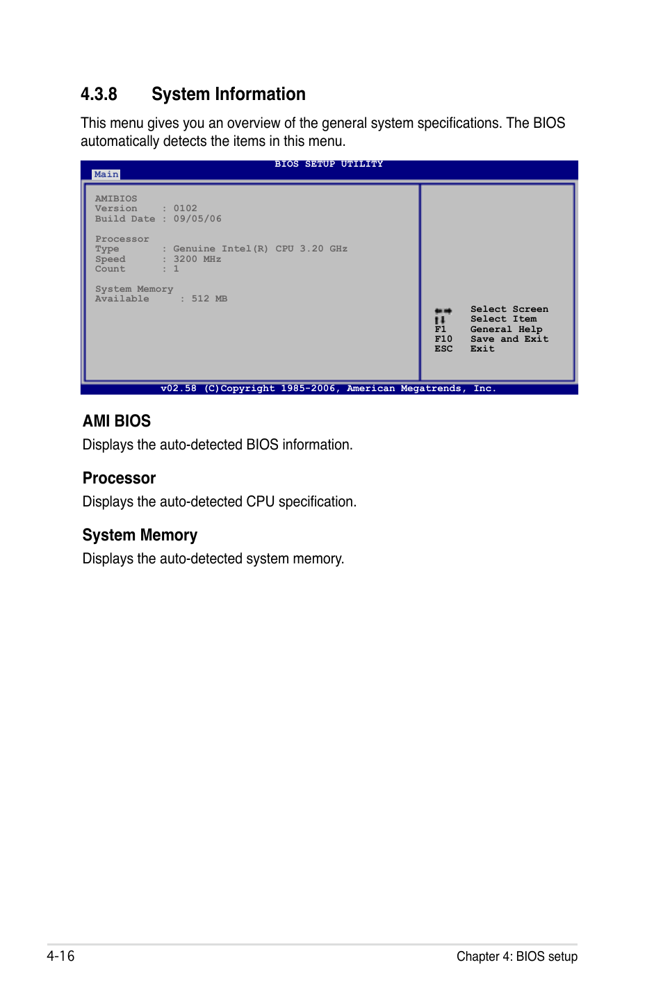 8 system information, Ami bios, Processor | Displays the auto-detected bios information, Displays the auto-detected cpu specification | Asus P5B-E Plus User Manual | Page 82 / 158