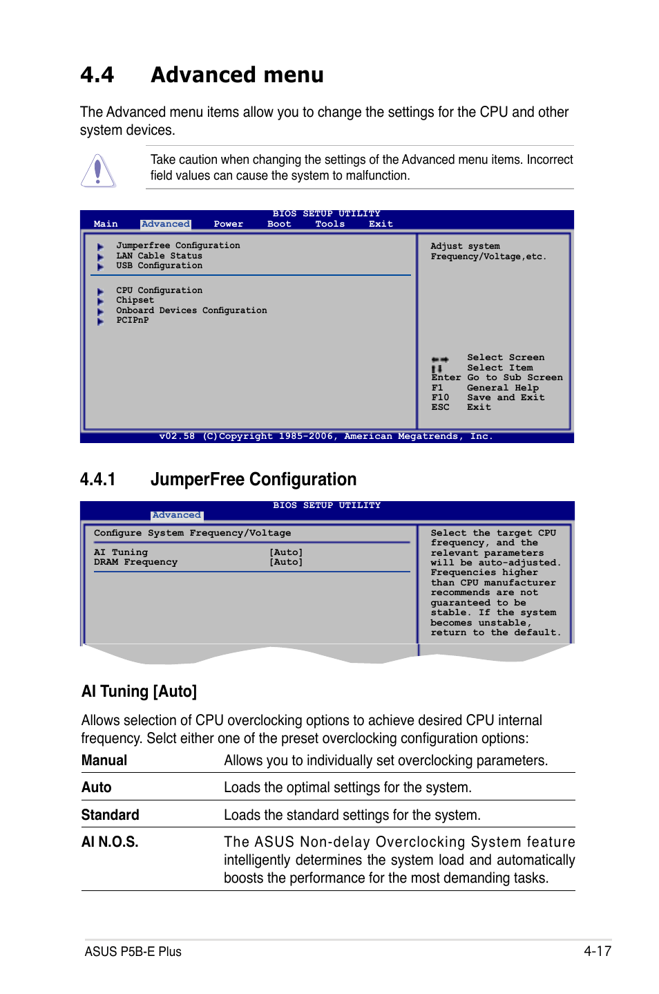 4 advanced menu, 1 jumperfree configuration, Ai tuning [auto | Asus P5B-E Plus User Manual | Page 83 / 158