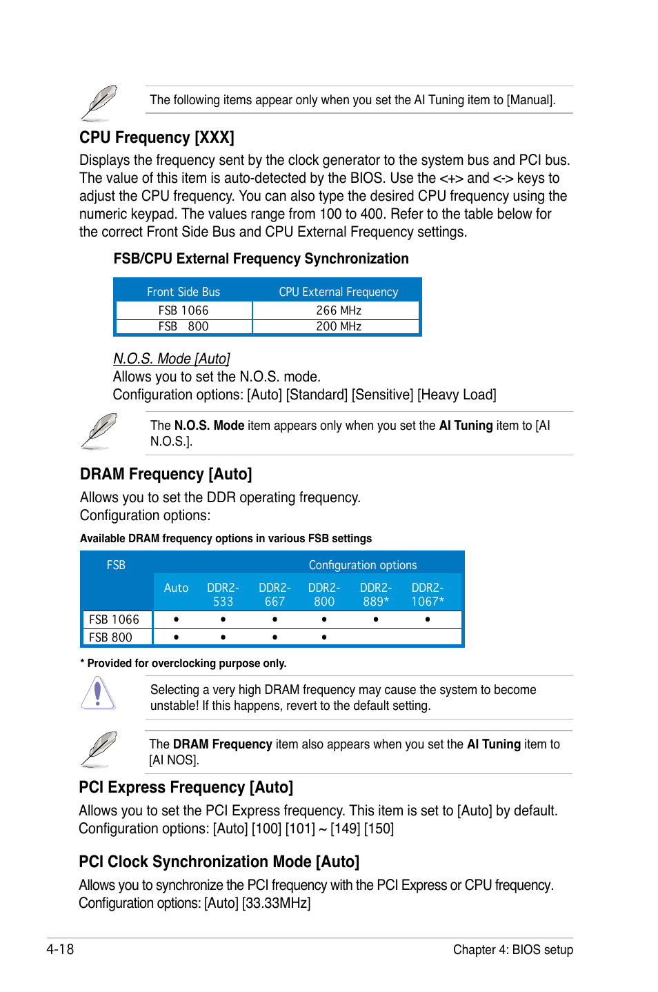 Cpu frequency [xxx, Dram frequency [auto, Pci express frequency [auto | Pci clock synchronization mode [auto | Asus P5B-E Plus User Manual | Page 84 / 158