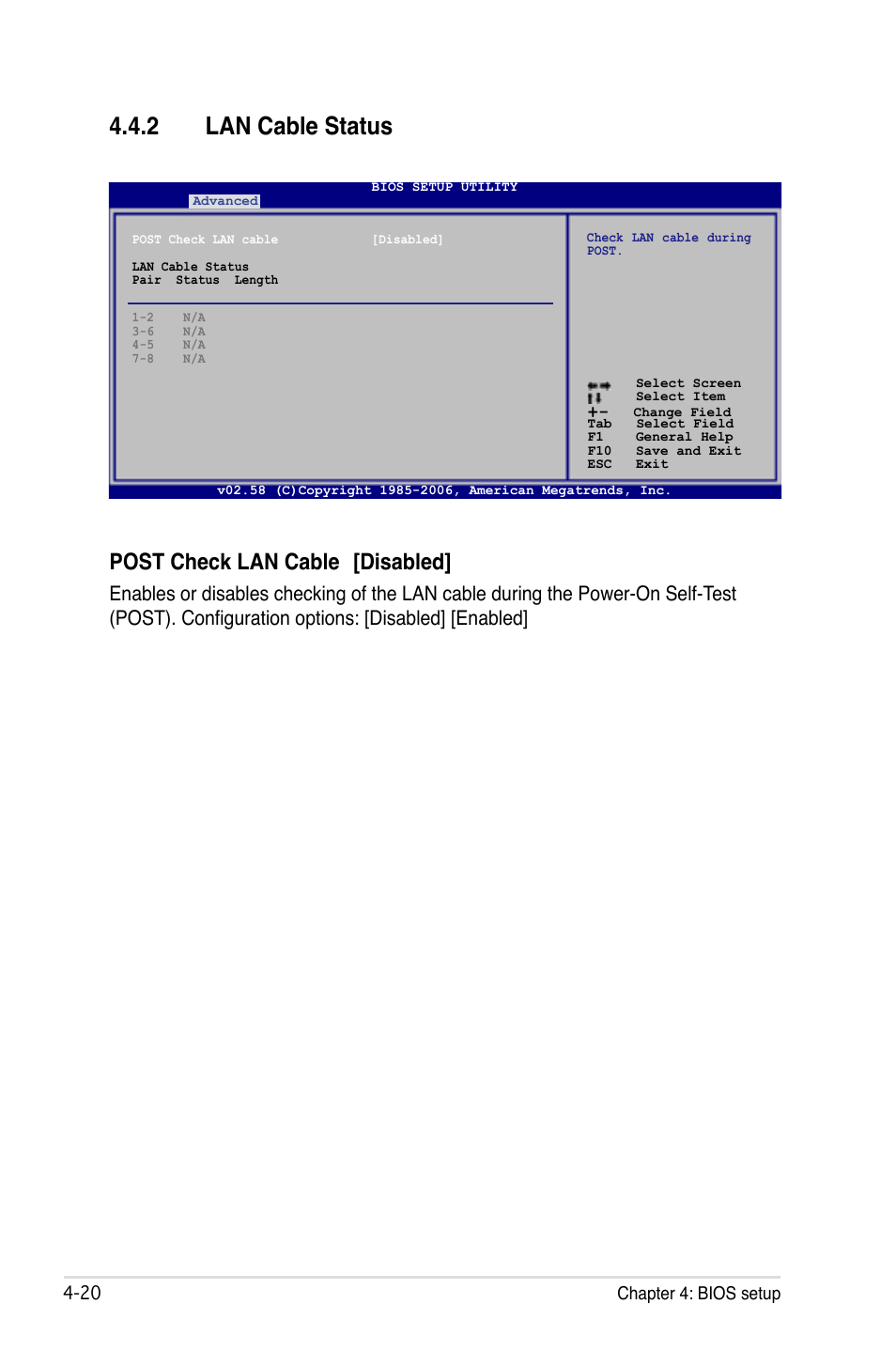 2 lan cable status, Post check lan cable [disabled | Asus P5B-E Plus User Manual | Page 86 / 158