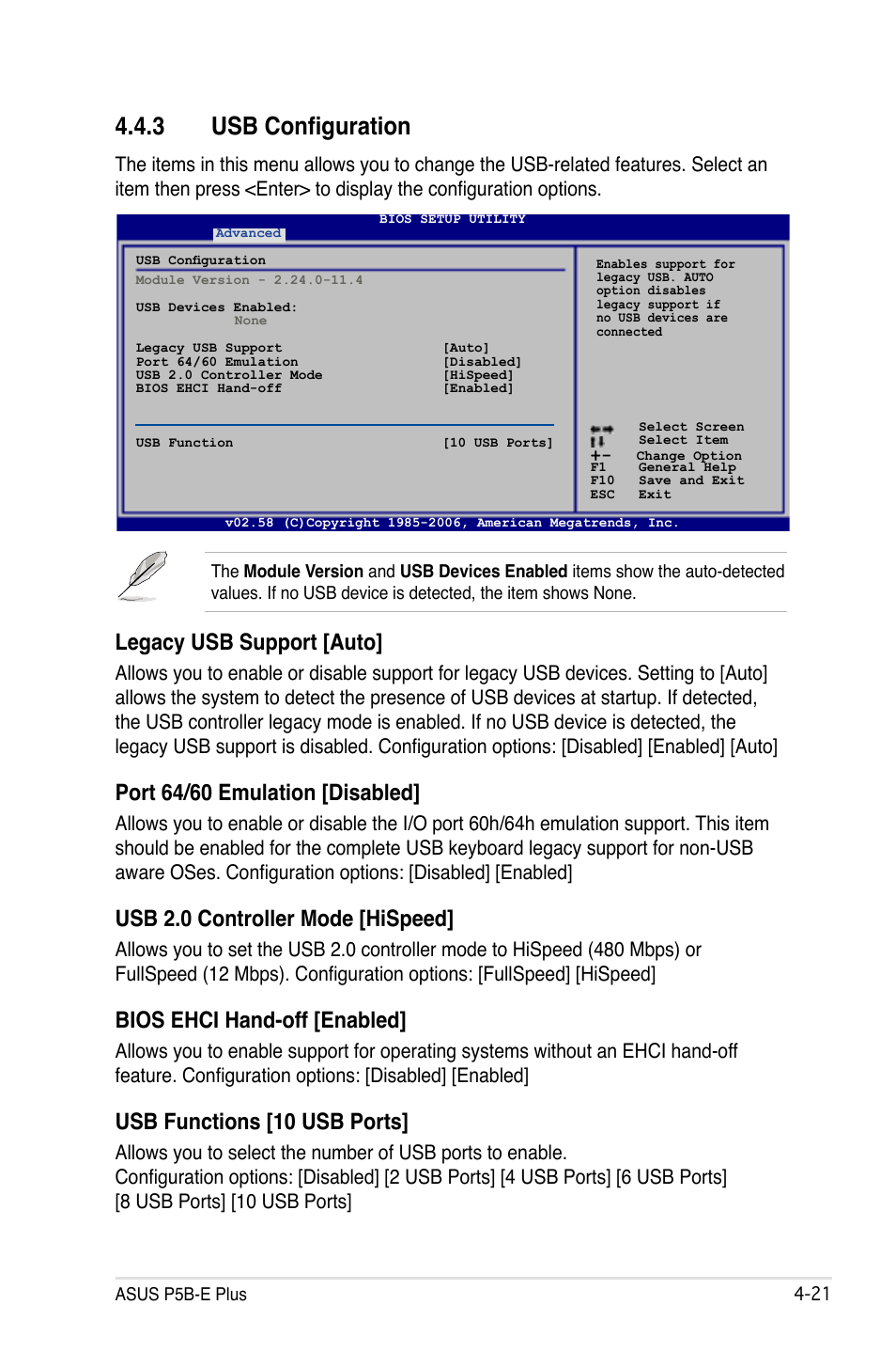 3 usb configuration, Legacy usb support [auto, Port 64/60 emulation [disabled | Usb 2.0 controller mode [hispeed, Bios ehci hand-off [enabled, Usb functions [10 usb ports | Asus P5B-E Plus User Manual | Page 87 / 158