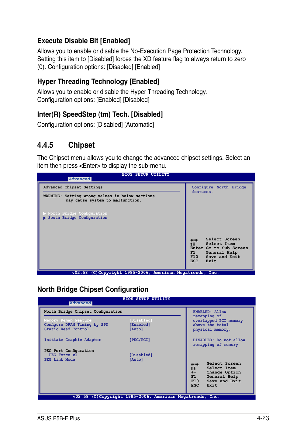 5 chipset, North bridge chipset configuration, Execute disable bit [enabled | Hyper threading technology [enabled, Inter(r) speedstep (tm) tech. [disabled, Configuration options: [disabled] [automatic | Asus P5B-E Plus User Manual | Page 89 / 158