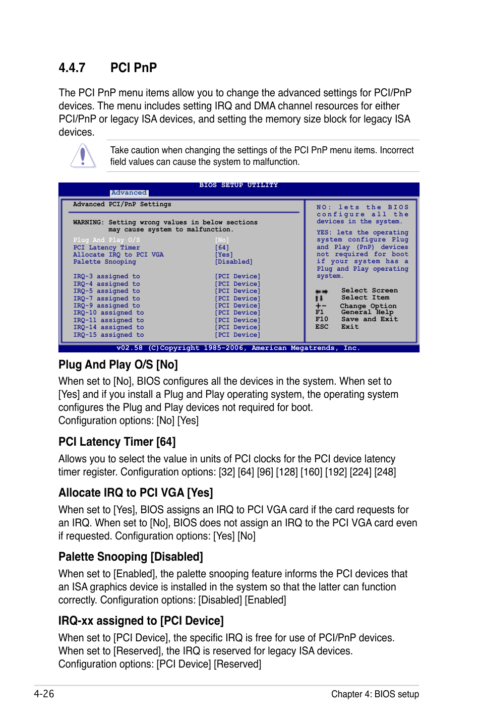 7 pci pnp, Plug and play o/s [no, Pci latency timer [64 | Allocate irq to pci vga [yes, Palette snooping [disabled, Irq-xx assigned to [pci device | Asus P5B-E Plus User Manual | Page 92 / 158