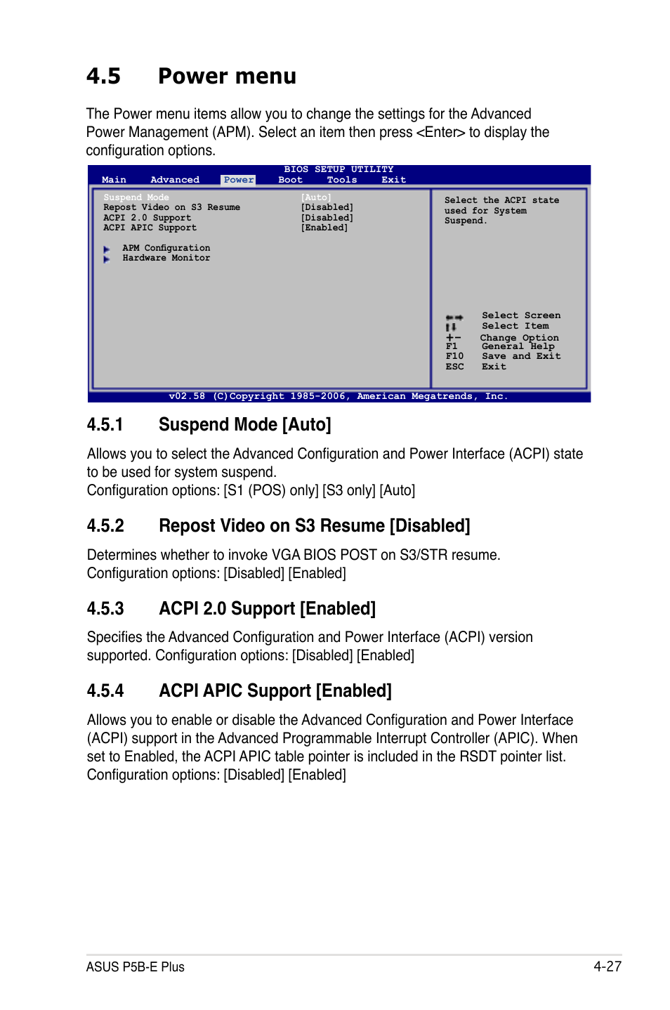 5 power menu, 1 suspend mode [auto, 2 repost video on s3 resume [disabled | 3 acpi 2.0 support [enabled, 4 acpi apic support [enabled | Asus P5B-E Plus User Manual | Page 93 / 158