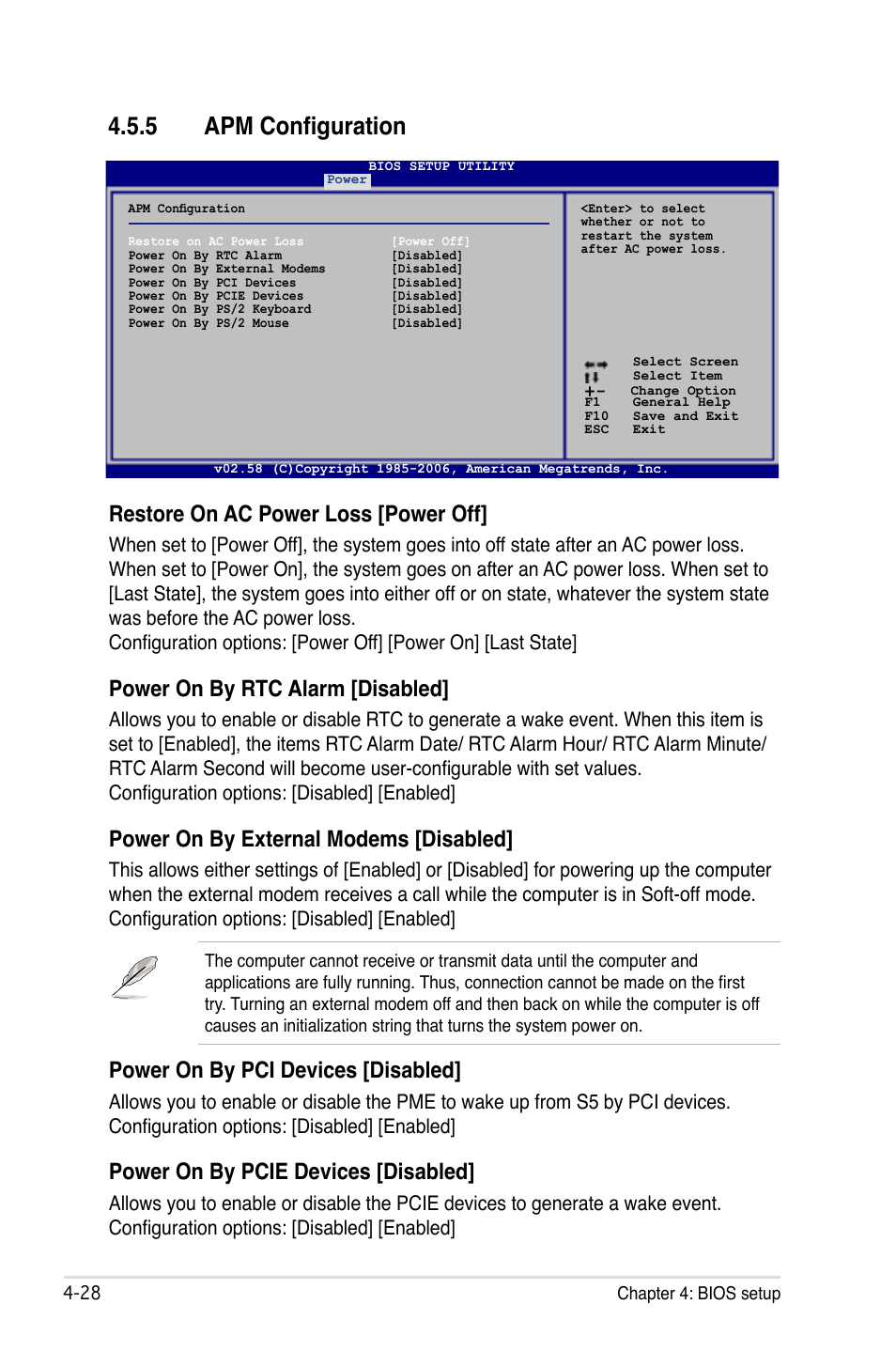 5 apm configuration, Restore on ac power loss [power off, Power on by rtc alarm [disabled | Power on by external modems [disabled, Power on by pci devices [disabled, Power on by pcie devices [disabled | Asus P5B-E Plus User Manual | Page 94 / 158