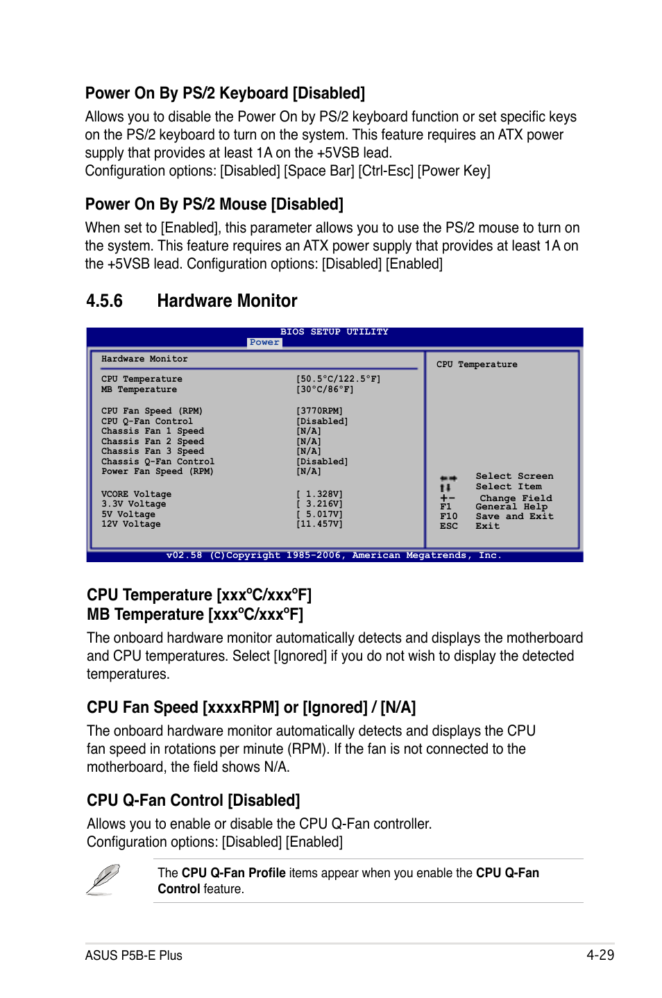 6 hardware monitor, Power on by ps/2 keyboard [disabled, Power on by ps/2 mouse [disabled | Cpu q-fan control [disabled | Asus P5B-E Plus User Manual | Page 95 / 158