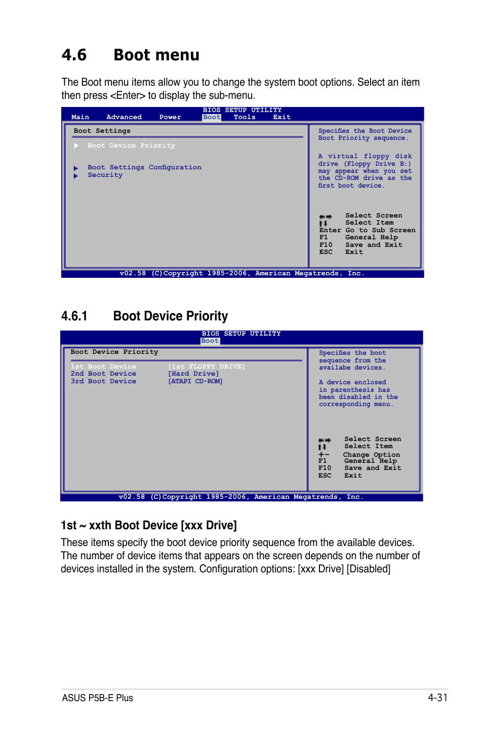 6 boot menu, 1 boot device priority, 1st ~ xxth boot device [xxx drive | Asus P5B-E Plus User Manual | Page 97 / 158