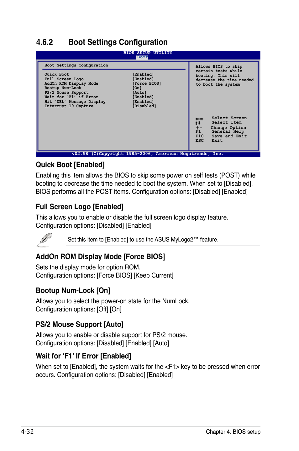 2 boot settings configuration, Quick boot [enabled, Full screen logo [enabled | Addon rom display mode [force bios, Bootup num-lock [on, Ps/2 mouse support [auto, Wait for ‘f1’ if error [enabled | Asus P5B-E Plus User Manual | Page 98 / 158