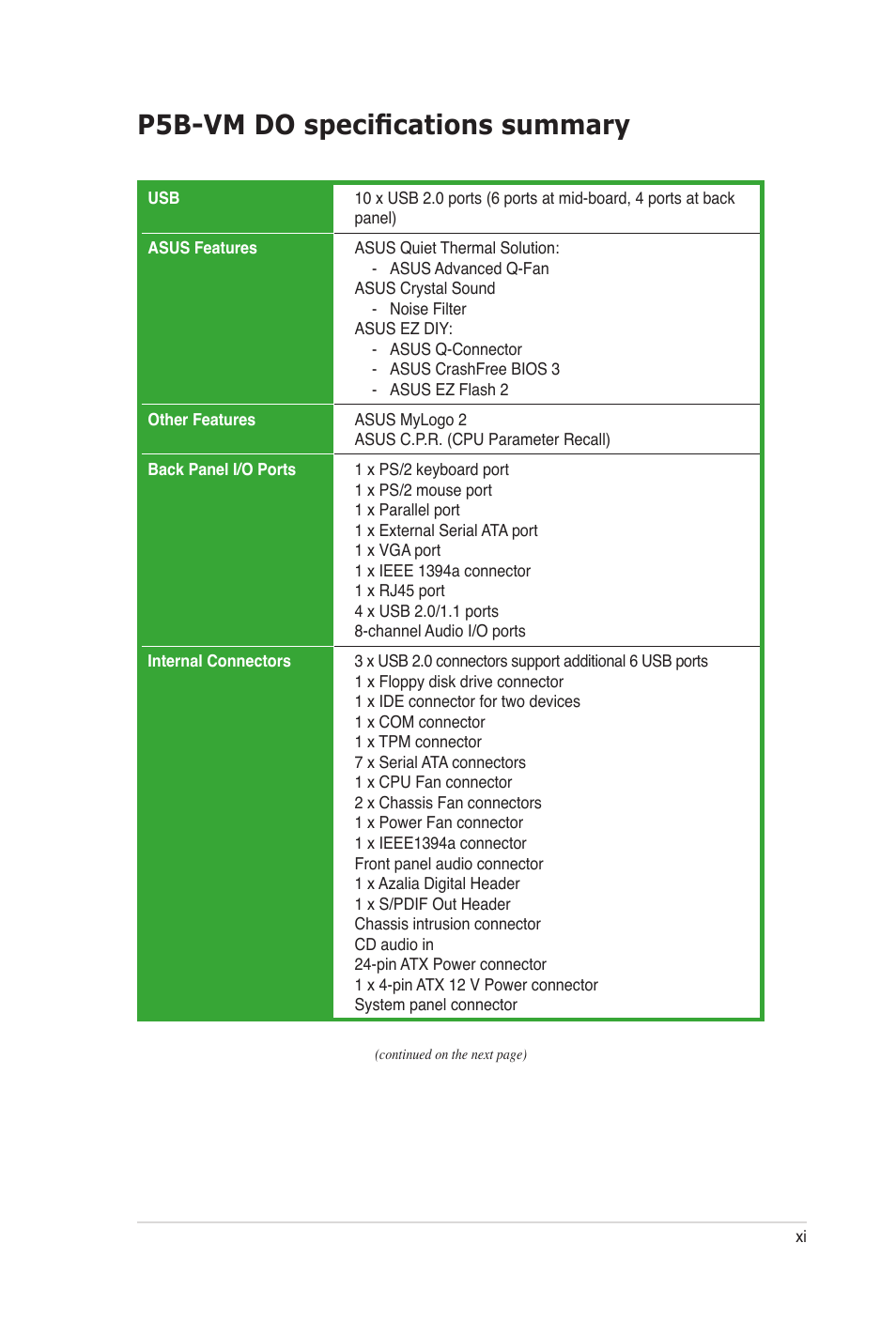 P5b-vm do specifications summary | Asus P5B-VM DO User Manual | Page 11 / 100