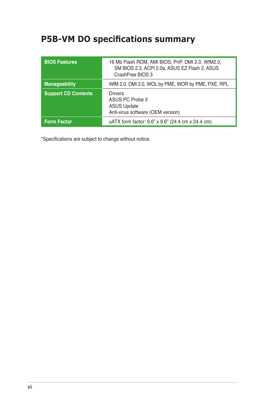 P5b-vm do specifications summary | Asus P5B-VM DO User Manual | Page 12 / 100