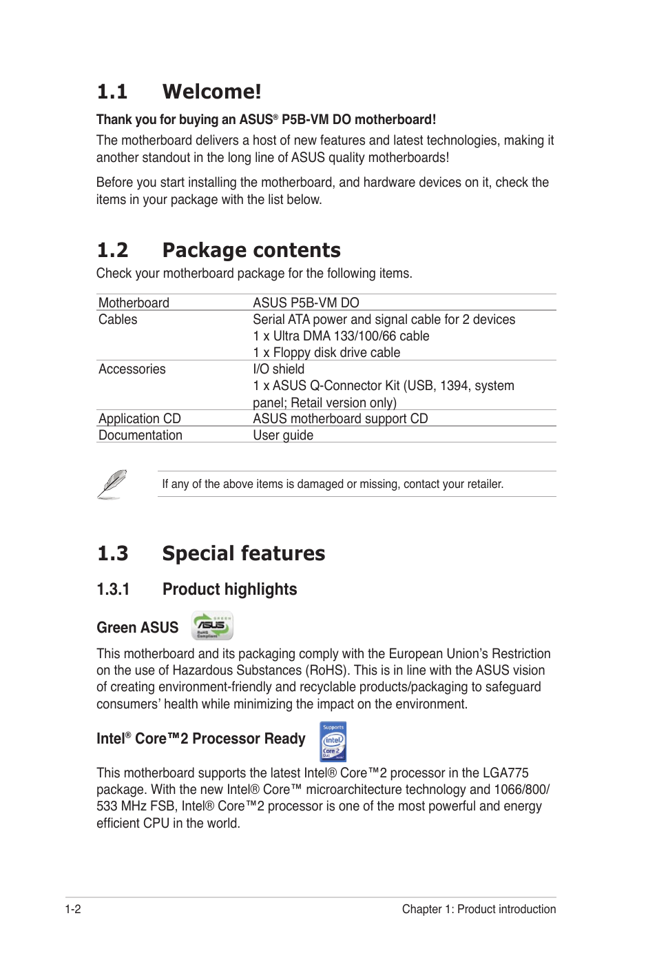 1 welcome, 2 package contents, 3 special features | Asus P5B-VM DO User Manual | Page 14 / 100