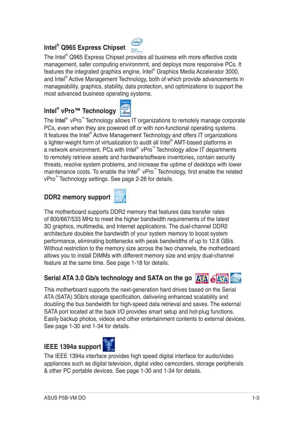 Intel, Q965 express chipset, Vpro™ technology | Serial ata 3.0 gb/s technology and sata on the go, Ieee 1394a support | Asus P5B-VM DO User Manual | Page 15 / 100