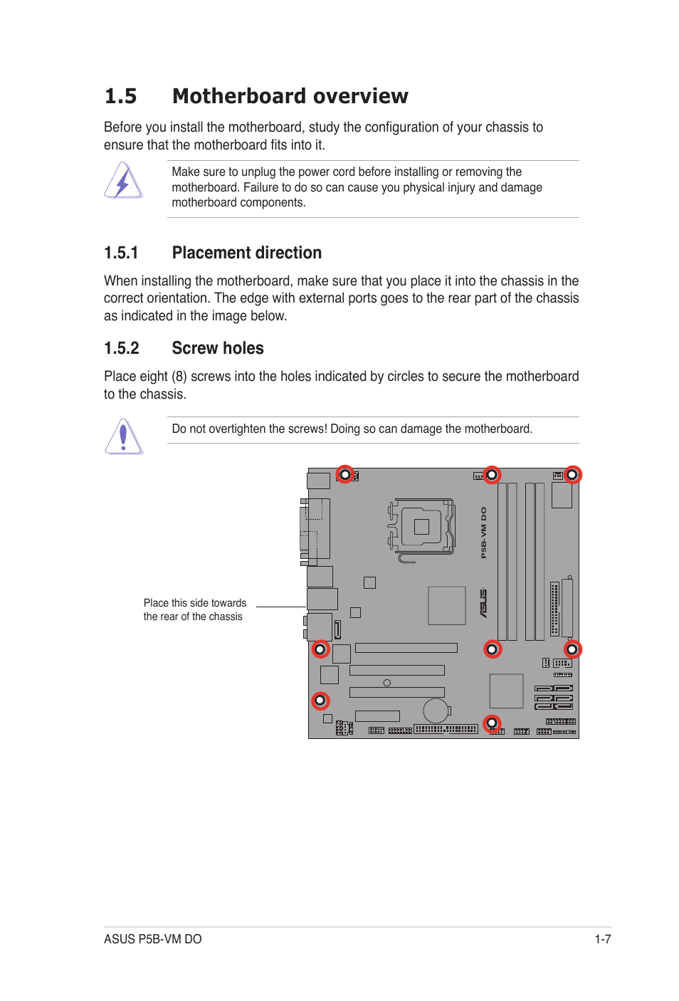 5 motherboard overview, 1 placement direction, 2 screw holes | Asus P5B-VM DO User Manual | Page 19 / 100