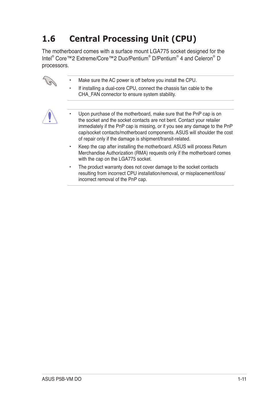 6 central processing unit (cpu) | Asus P5B-VM DO User Manual | Page 23 / 100