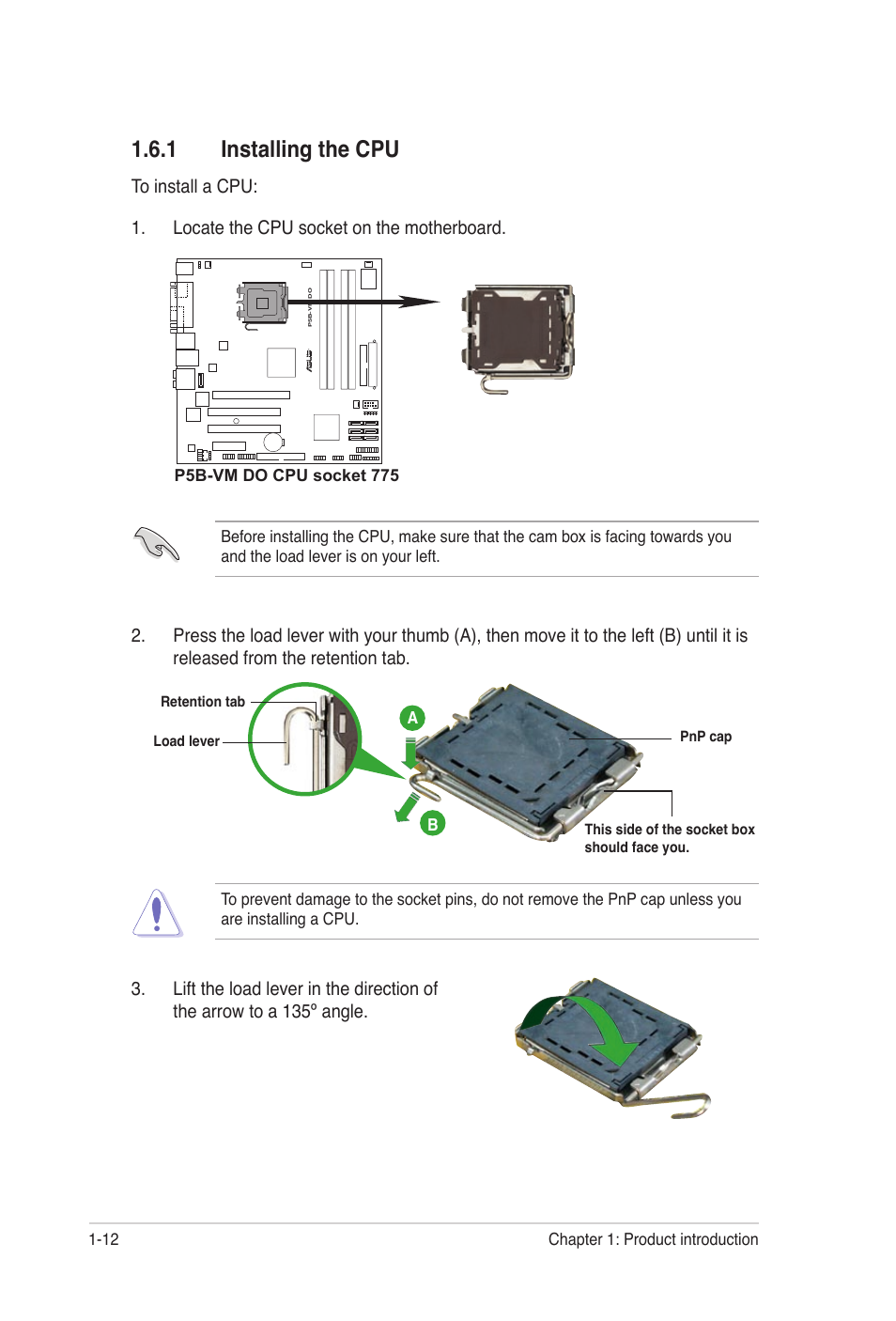 1 installing the cpu | Asus P5B-VM DO User Manual | Page 24 / 100