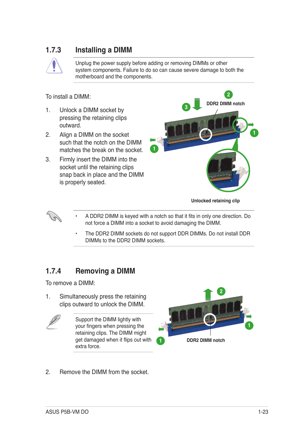 3 installing a dimm, 4 removing a dimm | Asus P5B-VM DO User Manual | Page 35 / 100