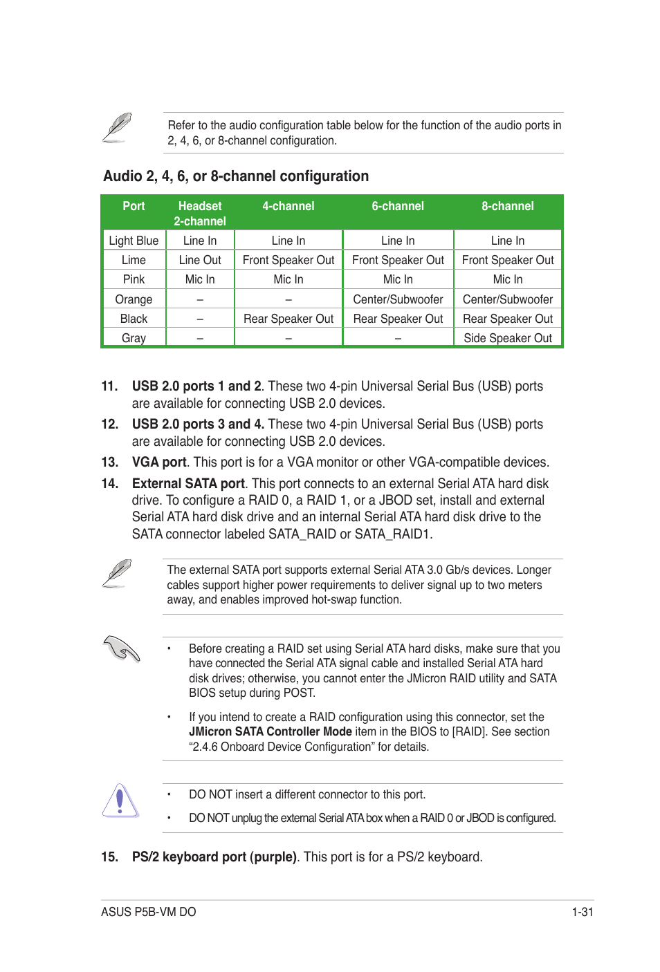 Audio 2, 4, 6, or 8-channel configuration | Asus P5B-VM DO User Manual | Page 43 / 100