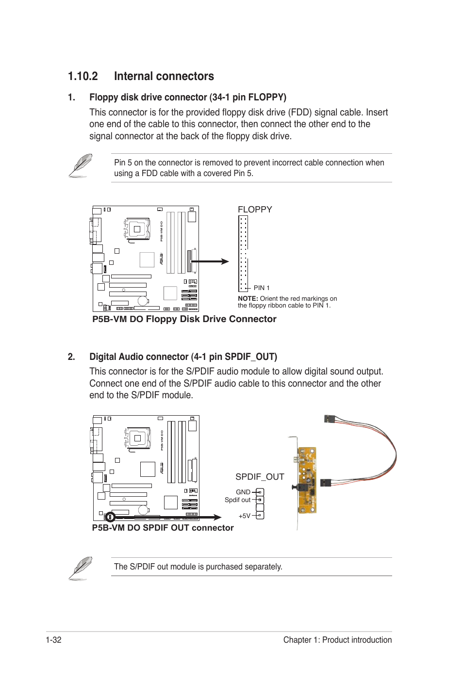 2 internal connectors | Asus P5B-VM DO User Manual | Page 44 / 100