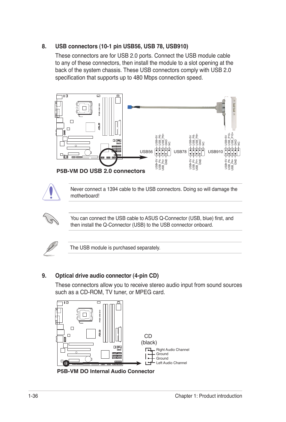 Usb 2.0 connectors, 36 chapter 1: product introduction, P5b-vm do internal audio connector cd (black) | P5b-vm do, The usb module is purchased separately | Asus P5B-VM DO User Manual | Page 48 / 100