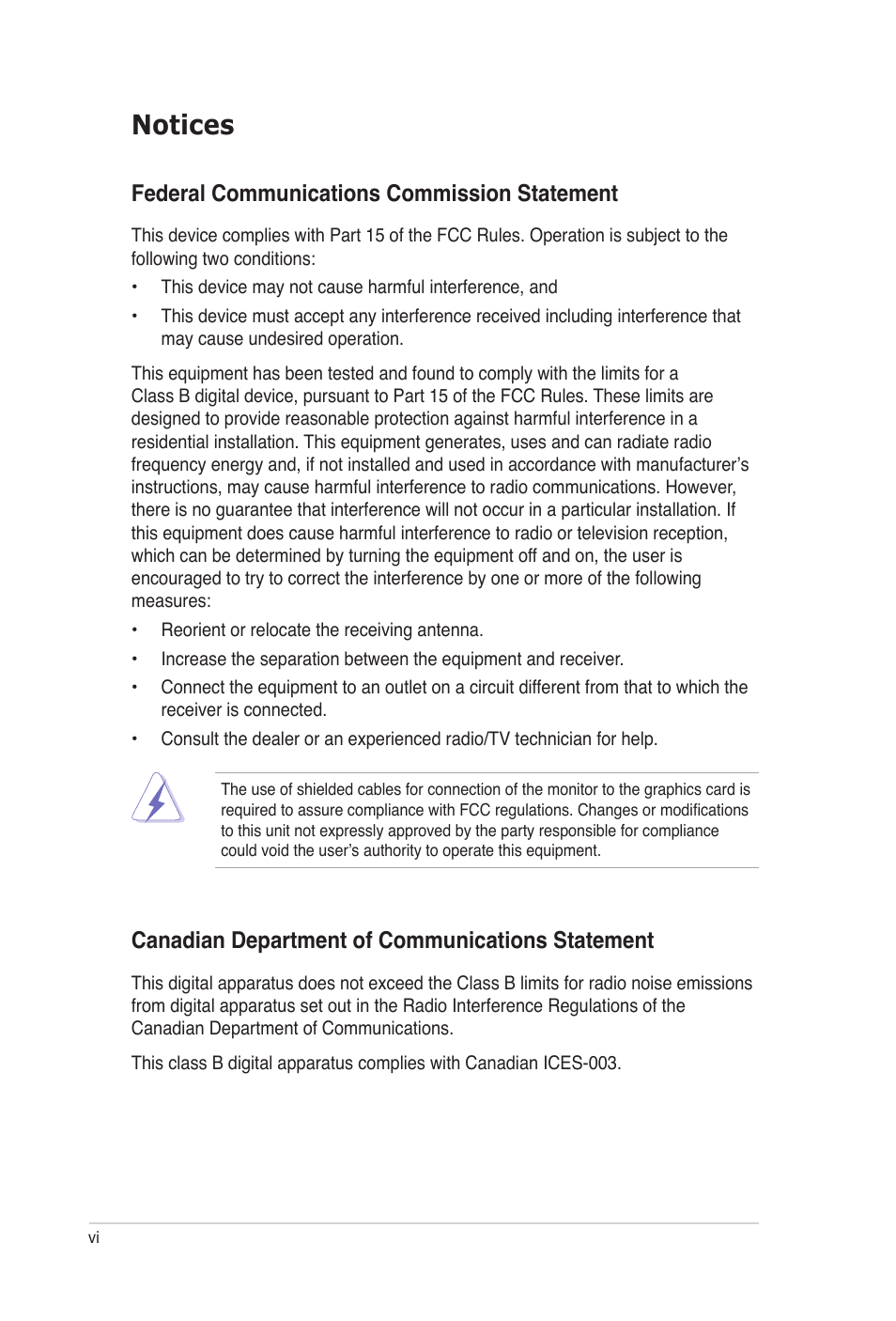 Notices, Federal communications commission statement, Canadian department of communications statement | Asus P5B-VM DO User Manual | Page 6 / 100