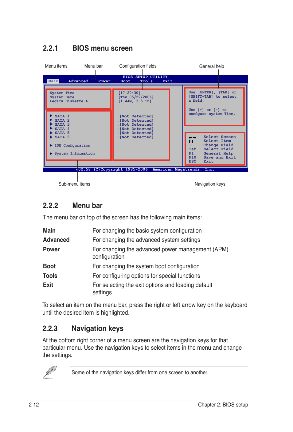 2 menu bar, 1 bios menu screen, 3 navigation keys | Asus P5B-VM DO User Manual | Page 66 / 100